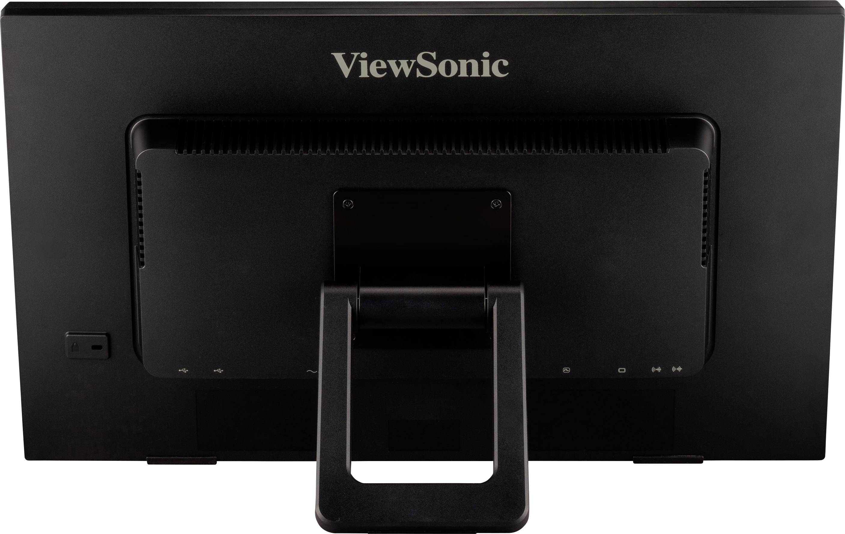 Rückansicht eines schwarzen Computermonitors der Marke ViewSonic, erkennbar am Logo oben. Der Monitor hat einen stabilen Standfuß.