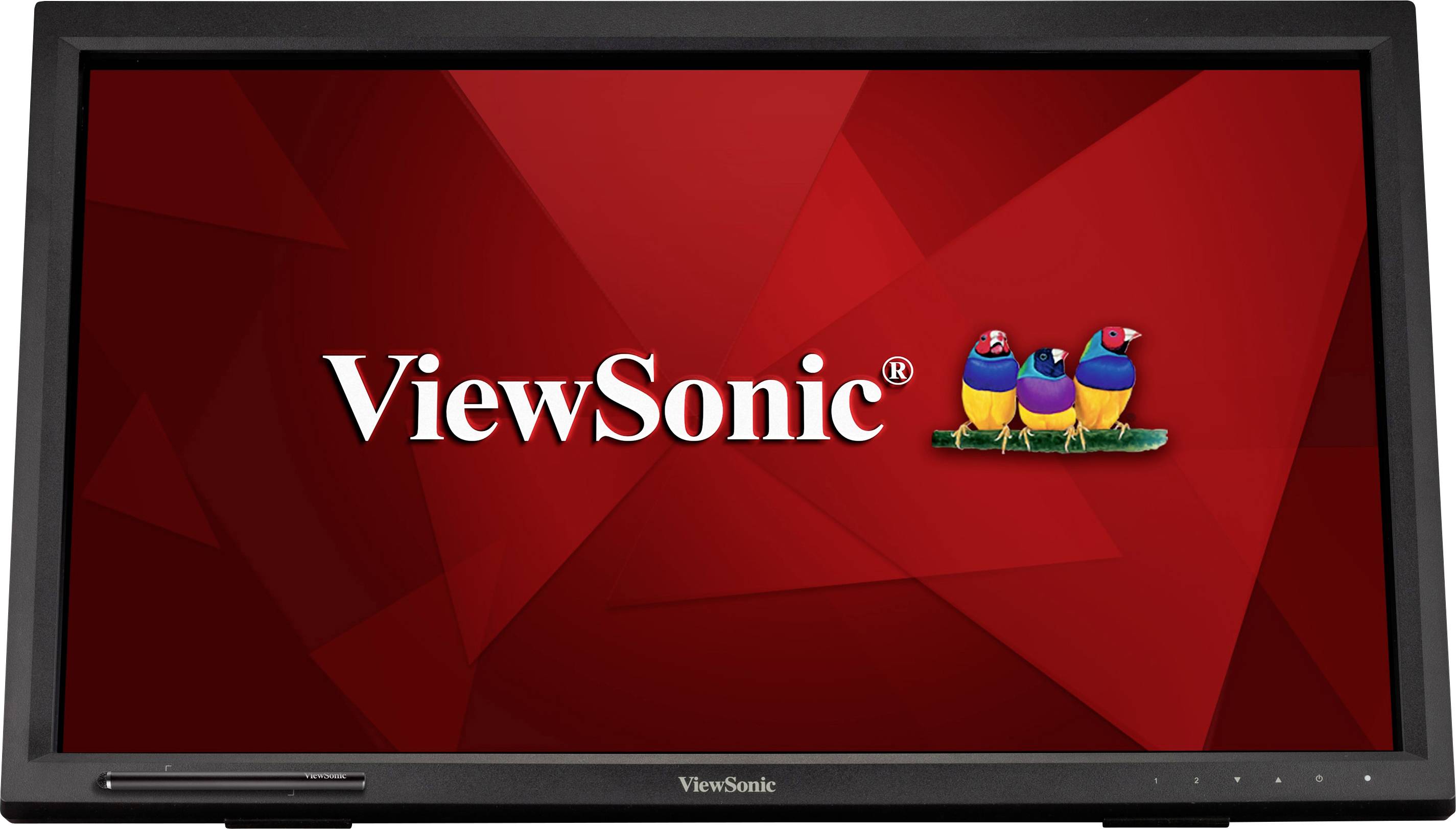 Ein schwarzer Monitor mit dem ViewSonic-Logo auf einem roten geometrischen Hintergrund. Auf dem Logo sind drei bunte Vögel abgebildet.