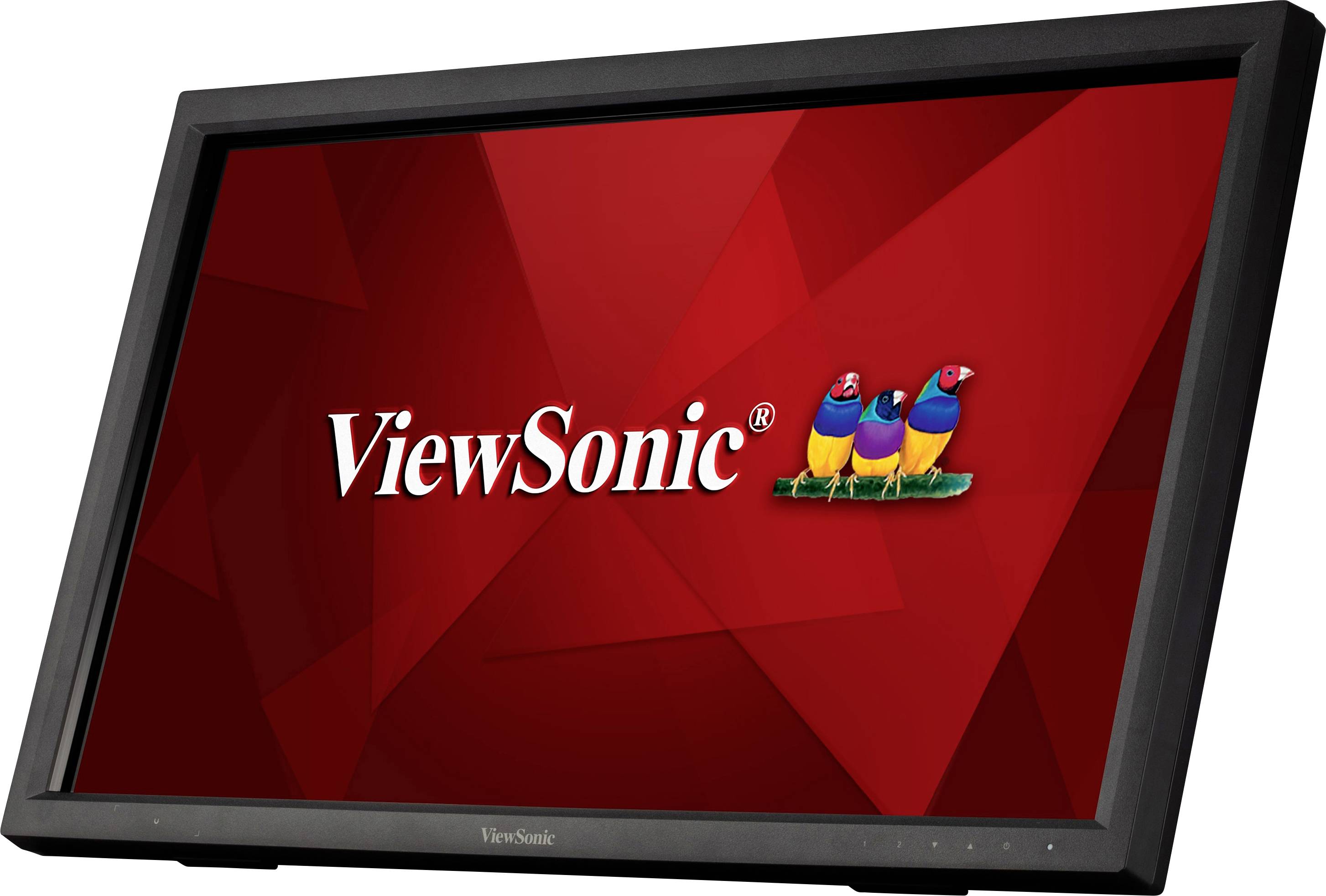 'ViewSonic'-Monitor mit rotem Hintergrund und Logo: drei bunte Vögel nebeneinander.