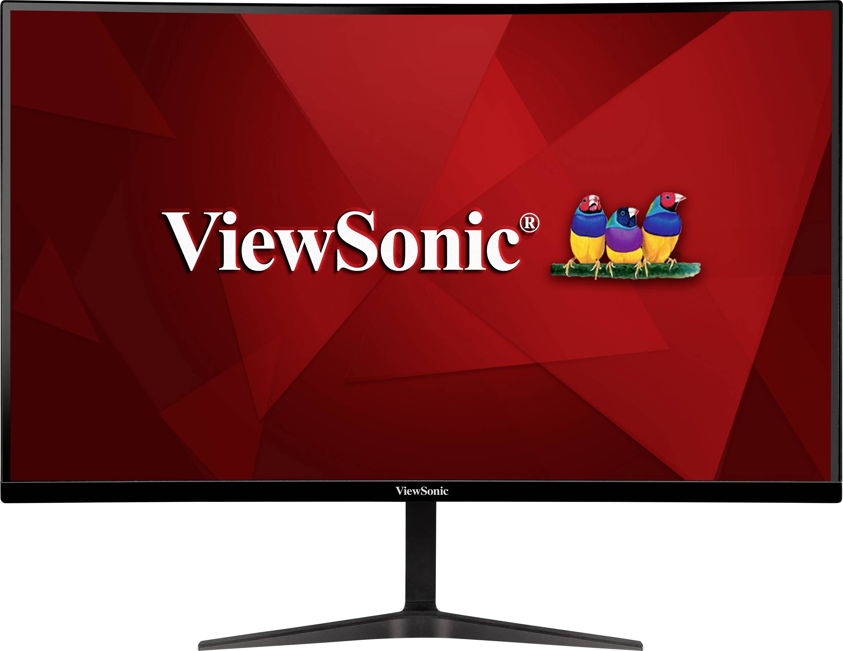 ViewSonic Monitorbildschirm, roter Hintergrund mit Logo und drei Vögeln rechts.