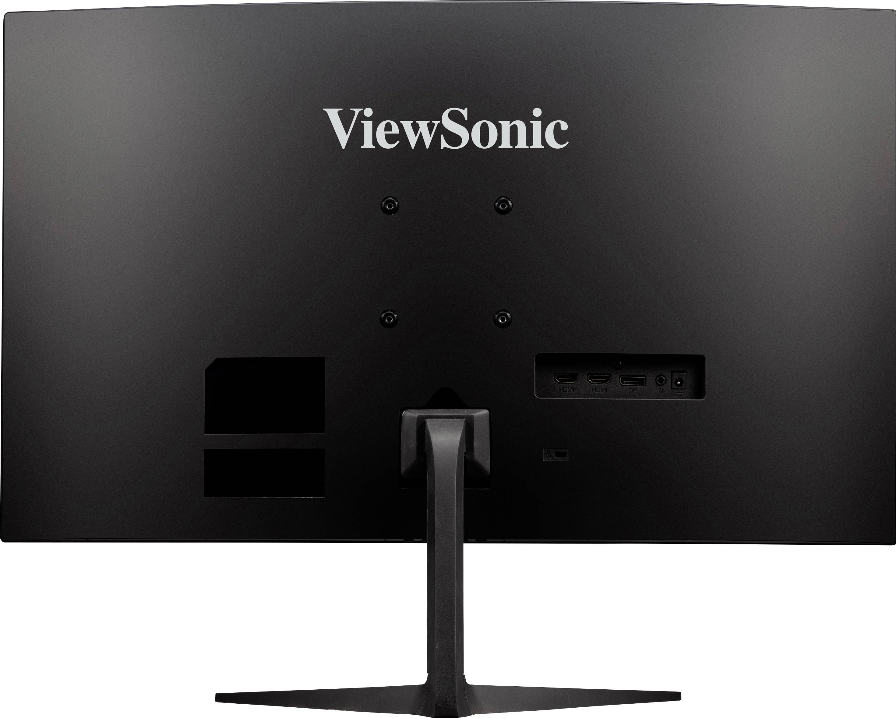 Rückansicht eines schwarzen ViewSonic-Monitors mit zentralem Standfuß. Mehrere Anschlussports und Schraublöcher sichtbar.