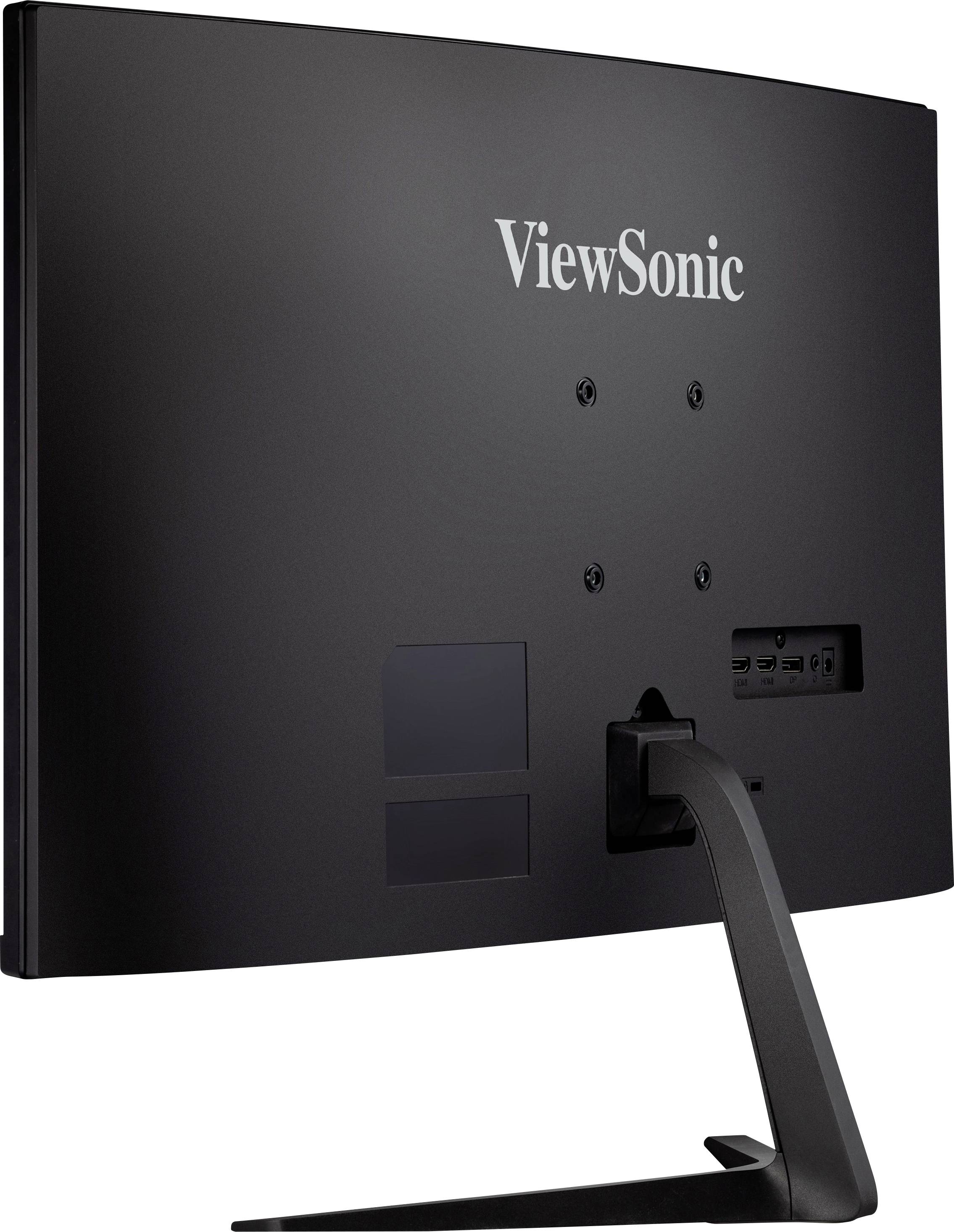 Rückseite eines ViewSonic-Monitors mit schwarzem Design, Standfuß, Halterungen auf der Rückseite und Schnittstellenanschlüssen.