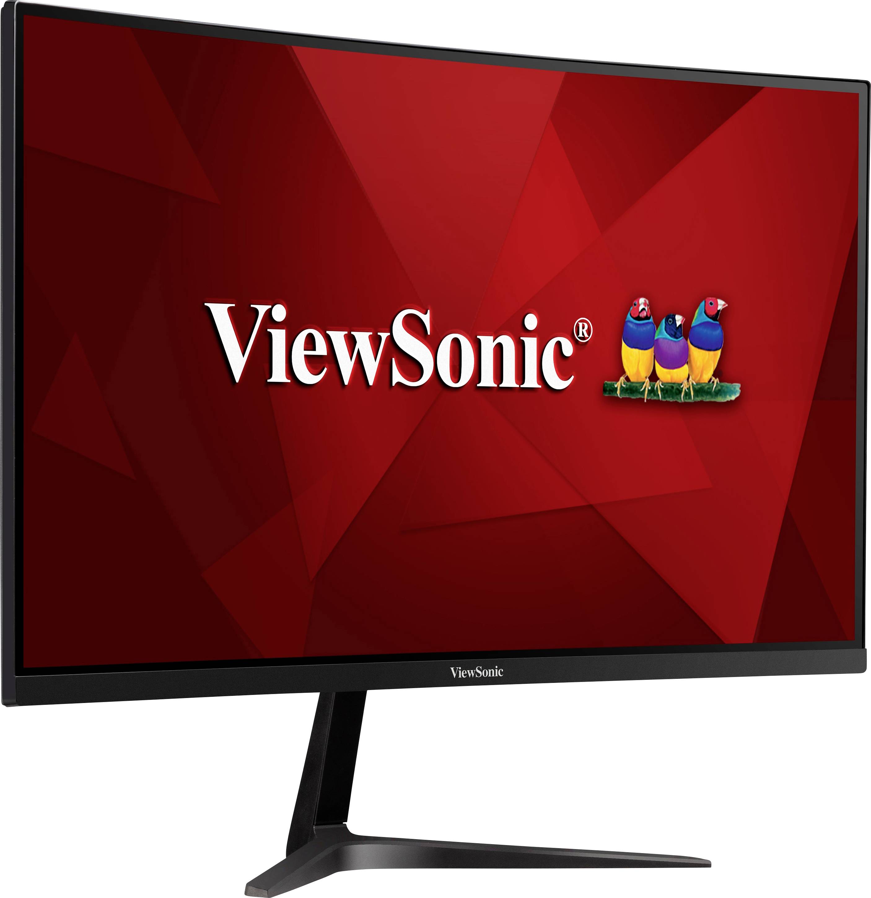 'ViewSonic'-Monitor mit schwarzem Rahmen und dreieckigem Standfuß auf rotem Hintergrund mit drei farbigen Vögeln als Logo.