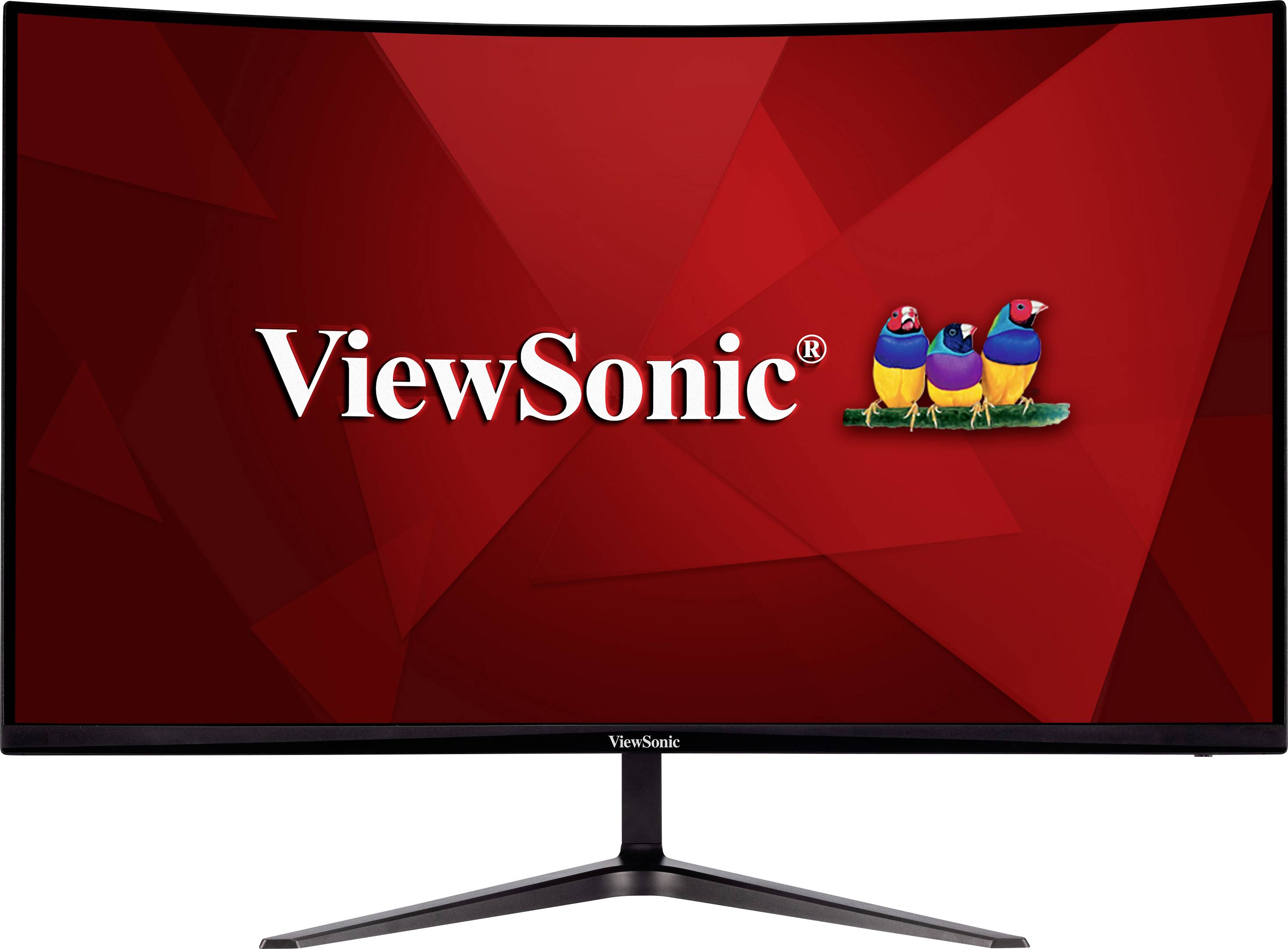 Ein gekrümmter ViewSonic-Monitor mit rotem Hintergrund und dem ViewSonic-Logo in der Mitte, das drei bunte Vögel zeigt.