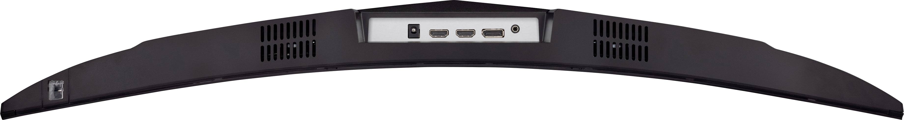 Gebogenes Audiogerät mit mehreren Anschlüssen auf der Rückseite, darunter USB- und HDMI-Ports, zur Wand- oder Deckenmontage geeignet.