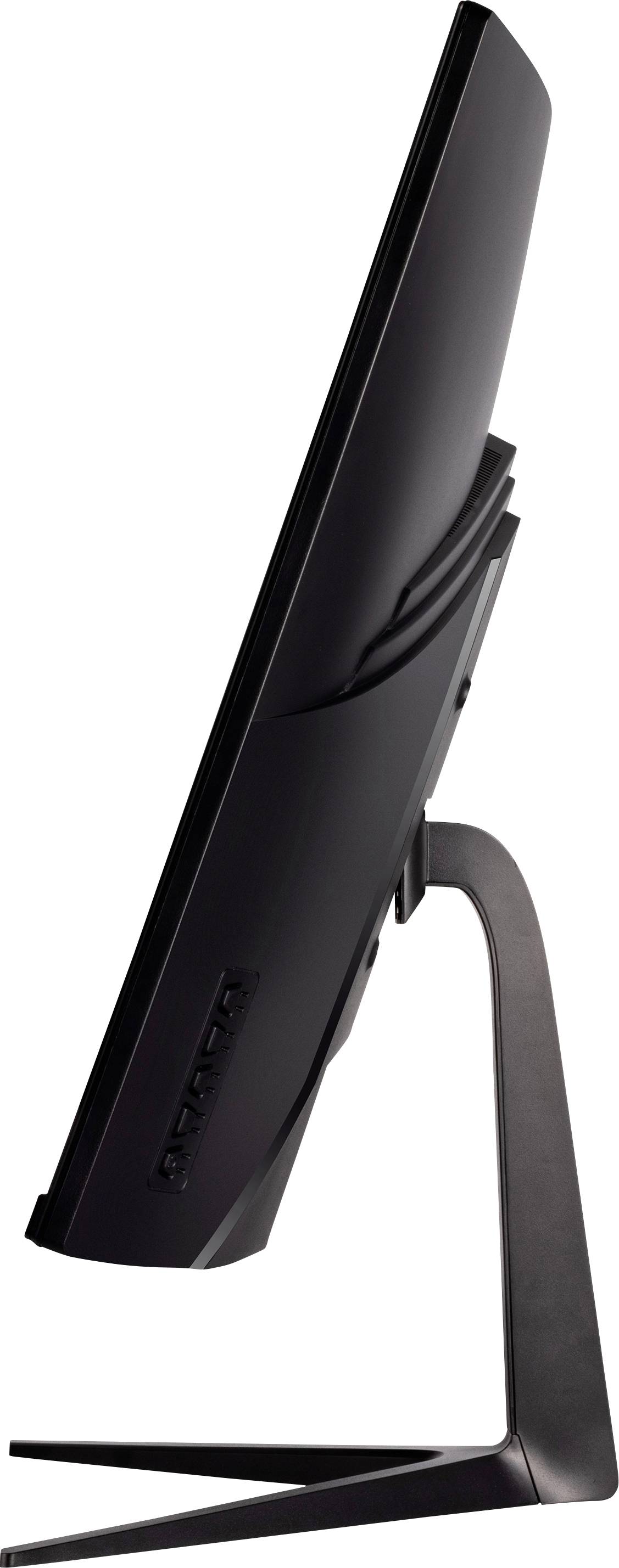 Einseitige Ansicht eines flachen Computerbildschirms auf einem gebogenen Ständer. Der Bildschirm ist dünn und modern gestaltet.