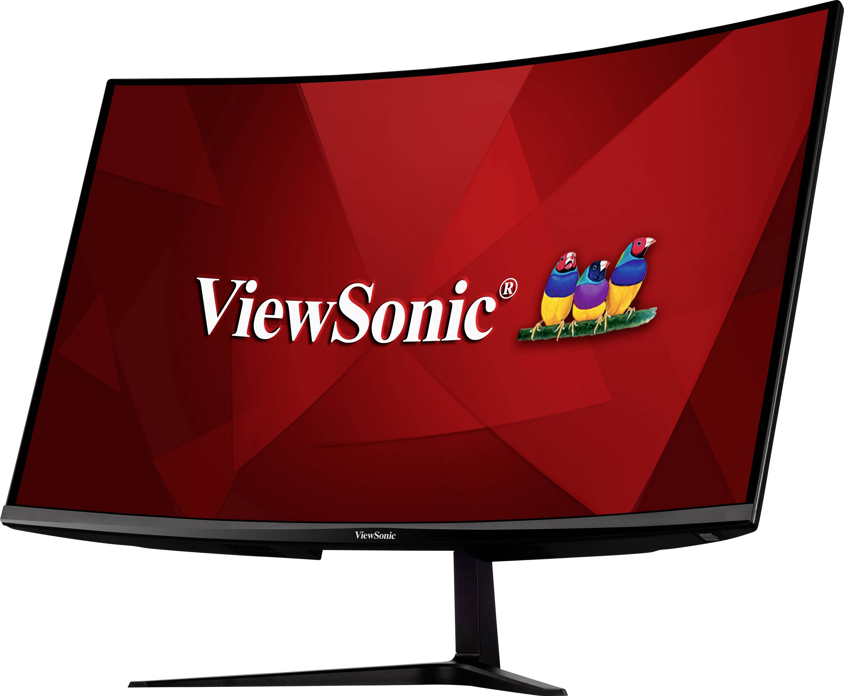 Ein gebogener Monitor mit rotem Bildschirm, zeigt das Logo von 'ViewSonic' und drei bunte Vögel rechts neben dem Text.