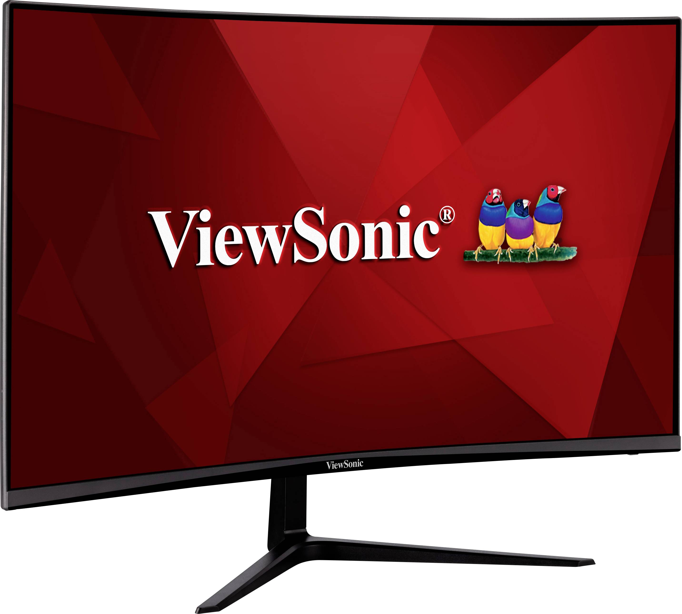 Ein gekrümmter Bildschirm der Marke ViewSonic mit rotem Hintergrund und dem Logo von drei bunten Vögeln auf der rechten Seite.