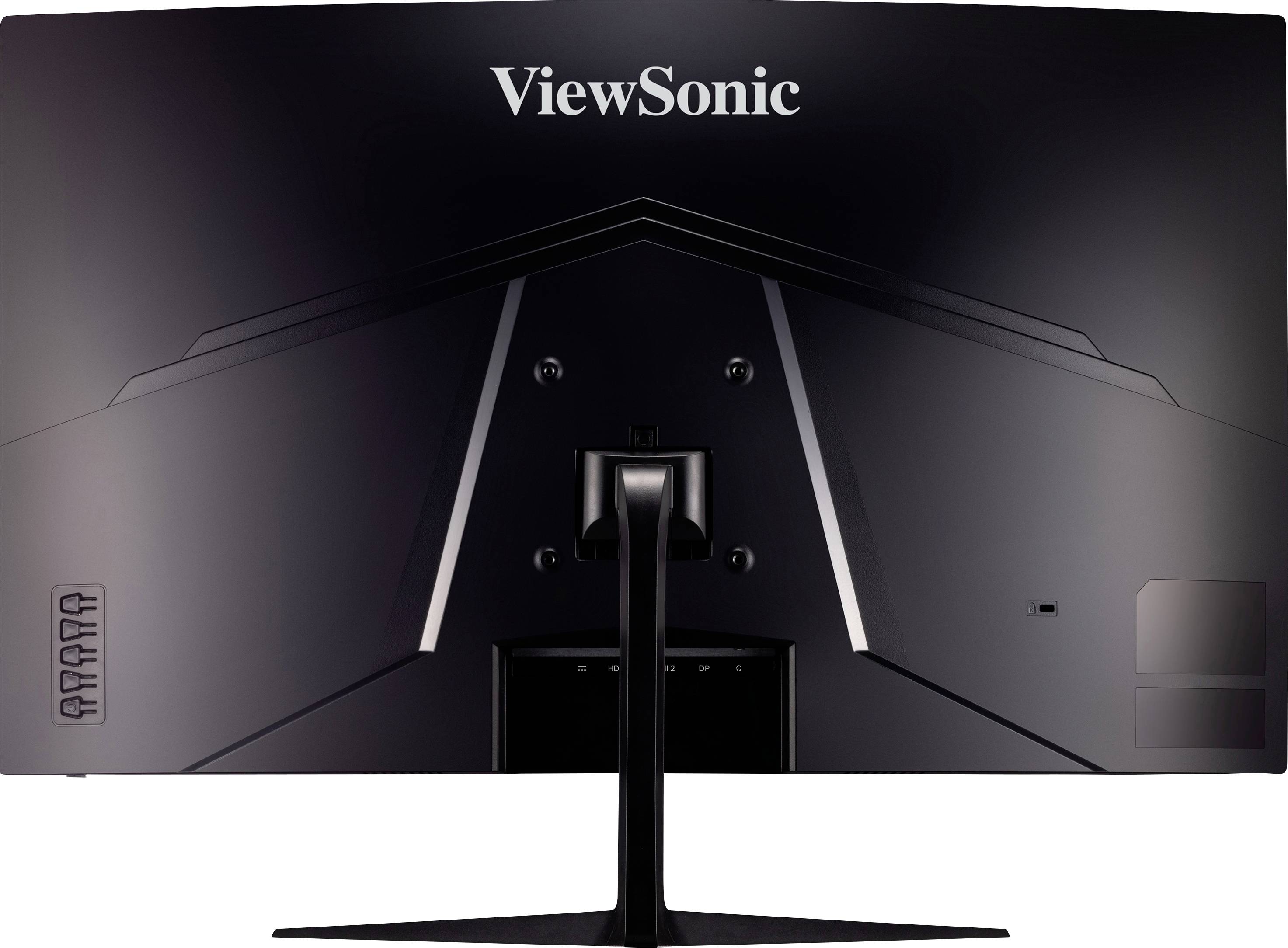 Ein schwarzer ViewSonic-Monitor von hinten, mit Standfuß in der Mitte.
