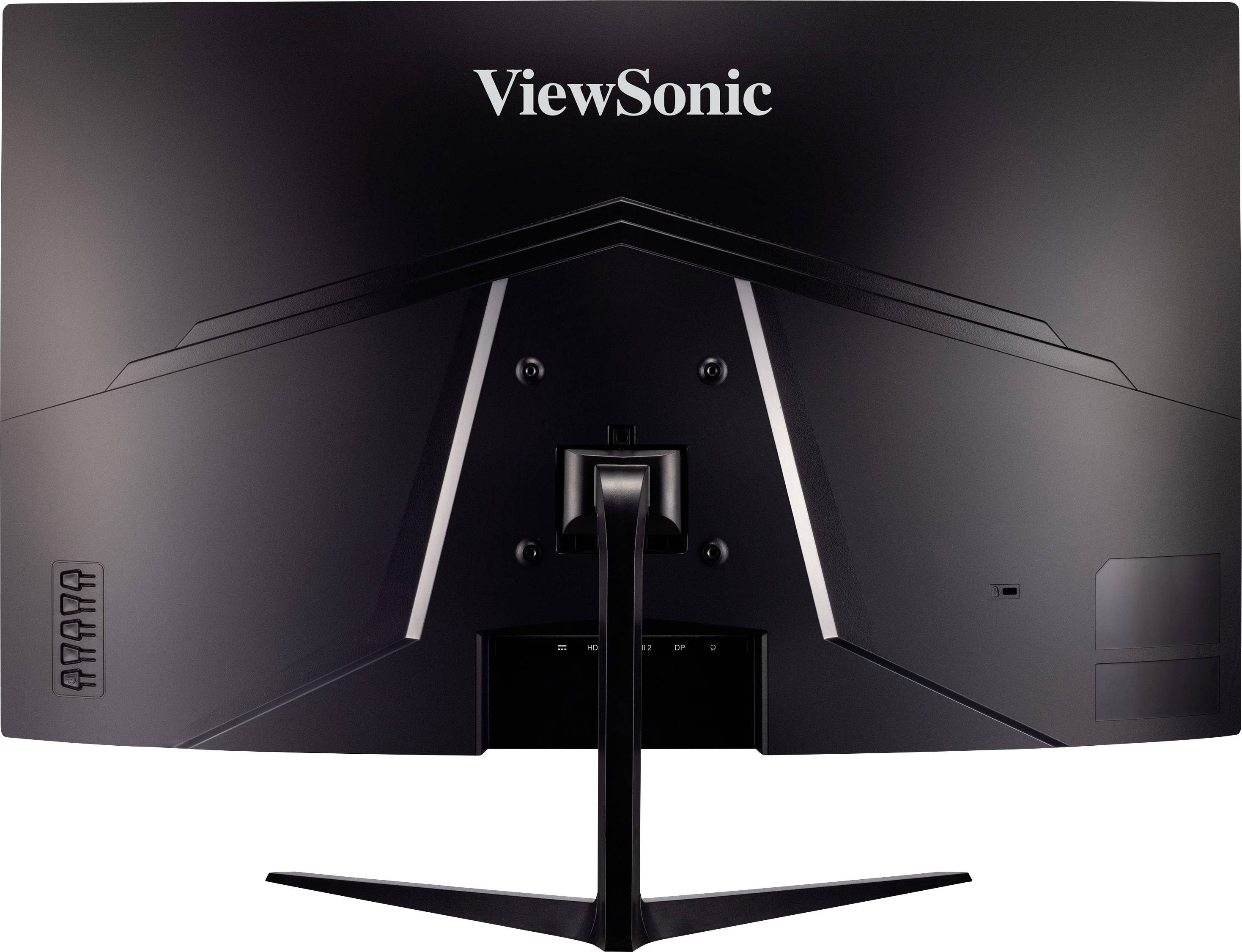 Ein schwarzer ViewSonic-Monitor von hinten gezeigt mit einem minimalistischen Design und einem stabilen Standfuß.