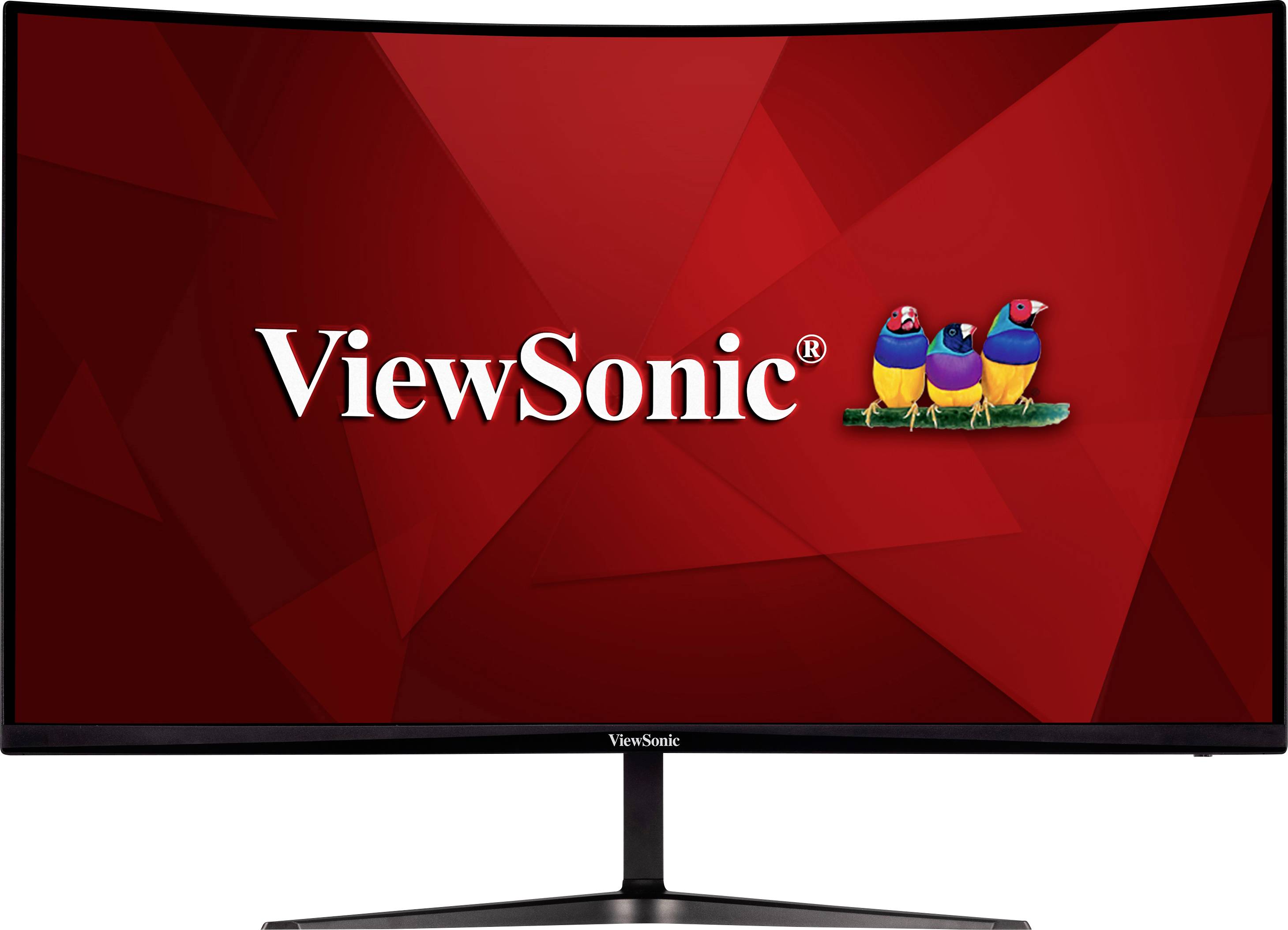 Ein Computerbildschirm zeigt das ViewSonic-Logo mit drei bunten Vögeln auf rotem Hintergrund.