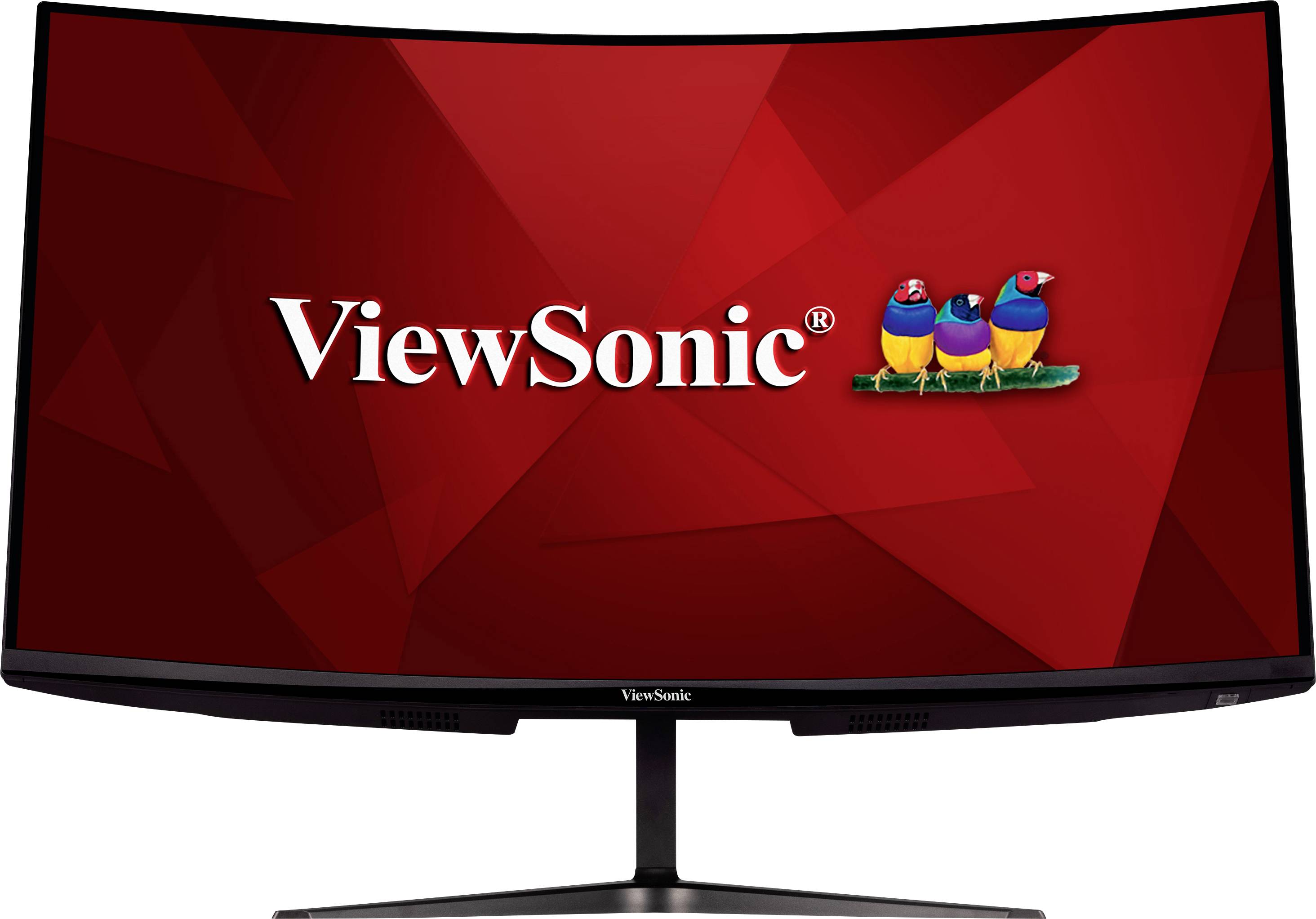 Ein gebogener Monitor zeigt das 'ViewSonic'-Logo und farbige Vögel auf einem roten, geometrischen Hintergrund.