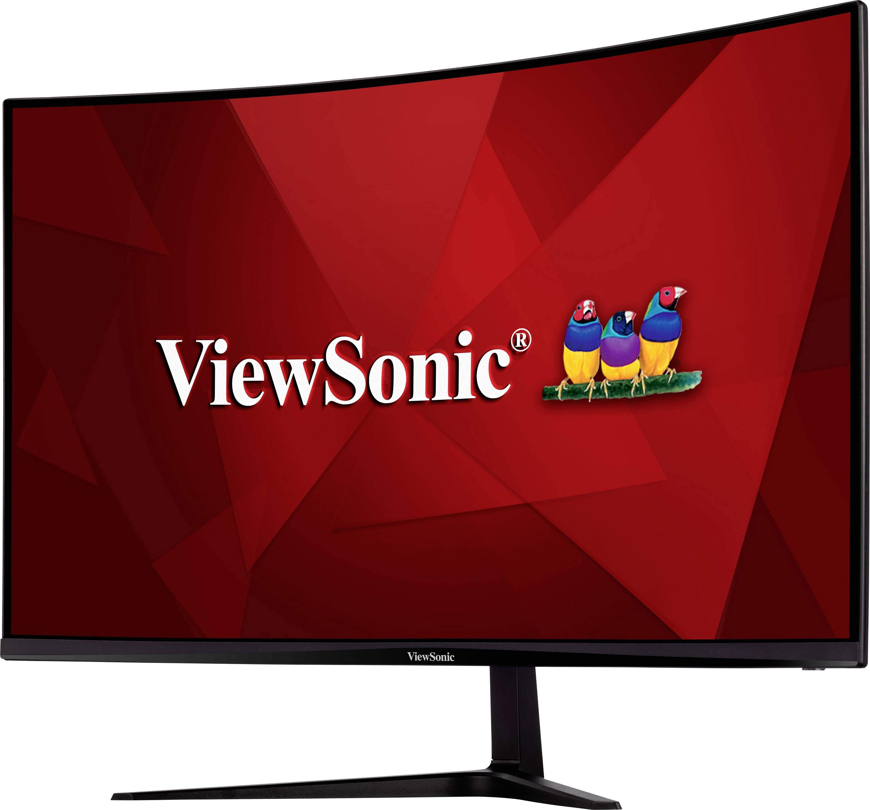 Ein gebogener ViewSonic-Monitor mit rote geometrischem Hintergrund und buntem Logo aus drei Vögeln.