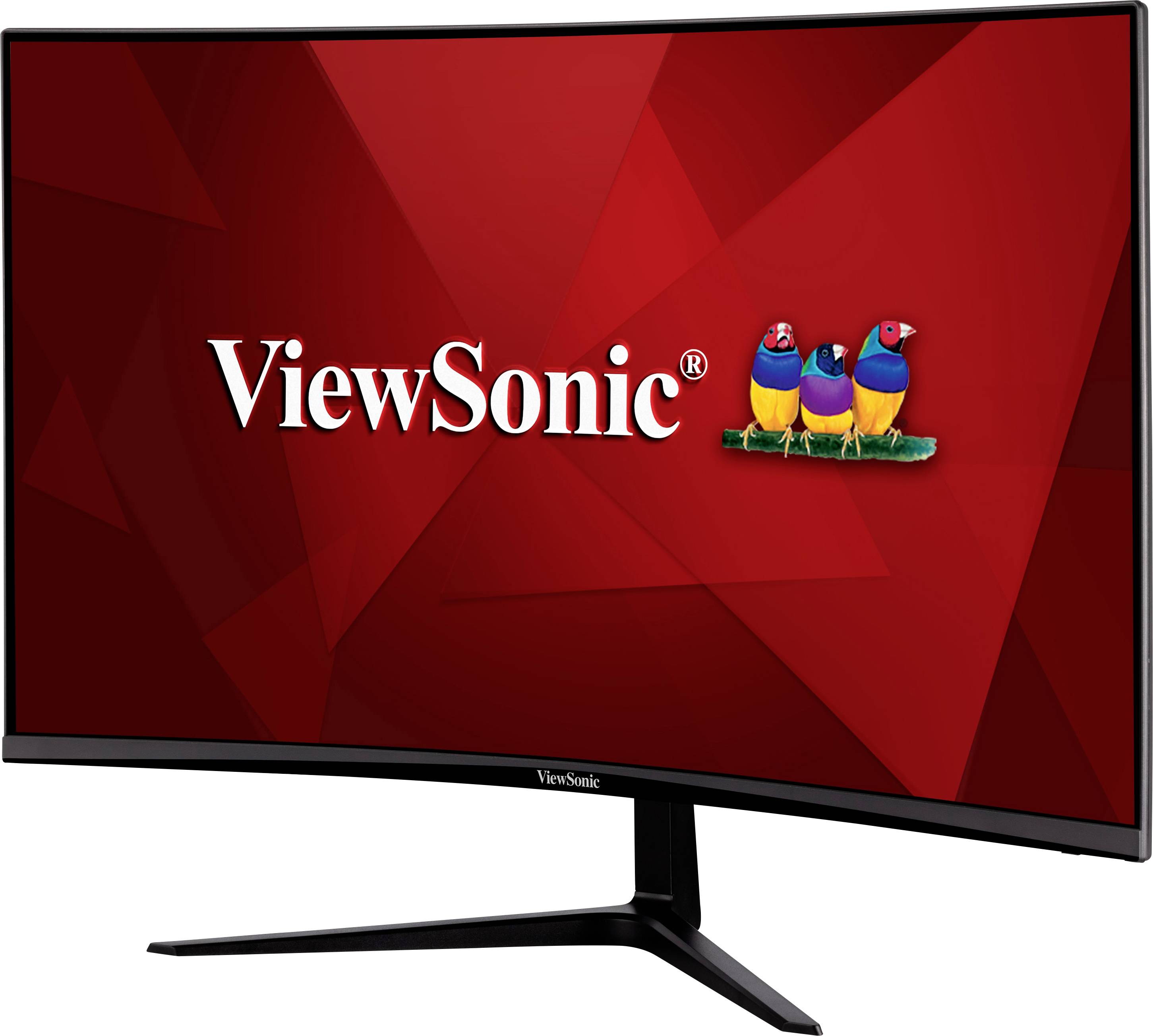 Ein gebogener ViewSonic-Monitor mit rotem Hintergrund und drei bunten Vögeln neben dem 'ViewSonic' Logo.
