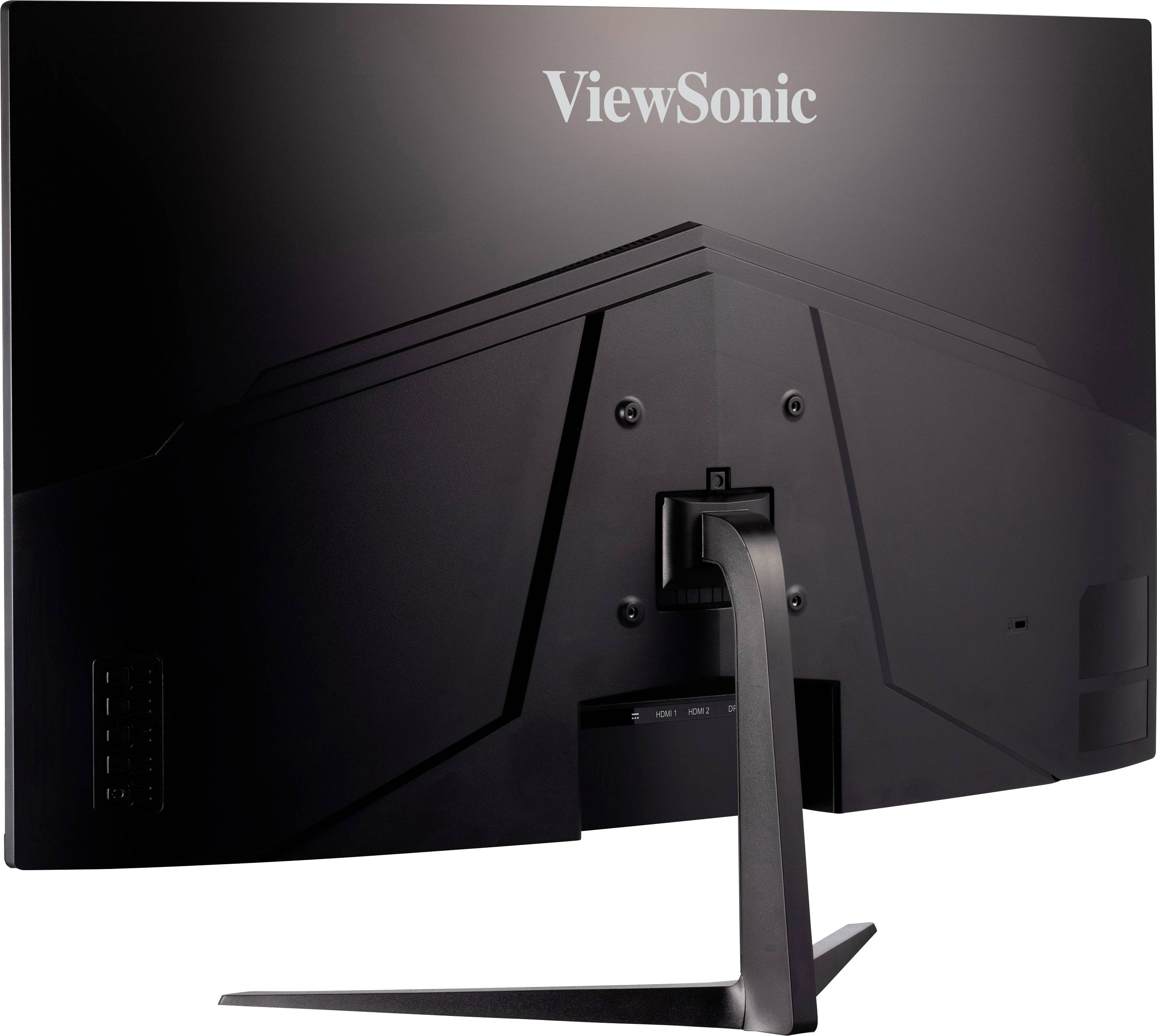 Rückseite eines schwarzen Computer-Monitors mit der Aufschrift 'ViewSonic' und einem robusten Standfuß.