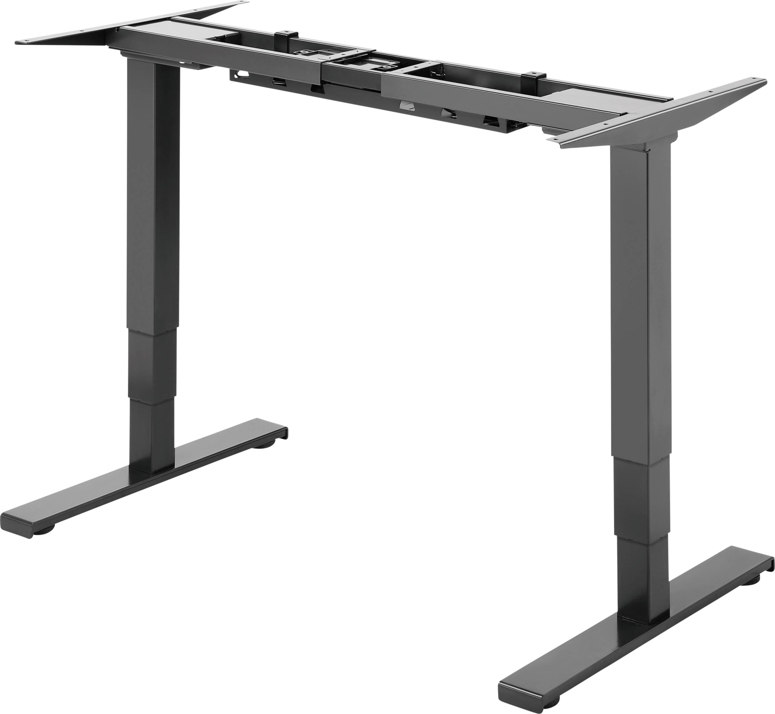 Höhenverstellbares Tischgestell in schwarzer Farbe, mit zwei robusten Beinen und Querstreben, für ergonomisches Arbeiten.