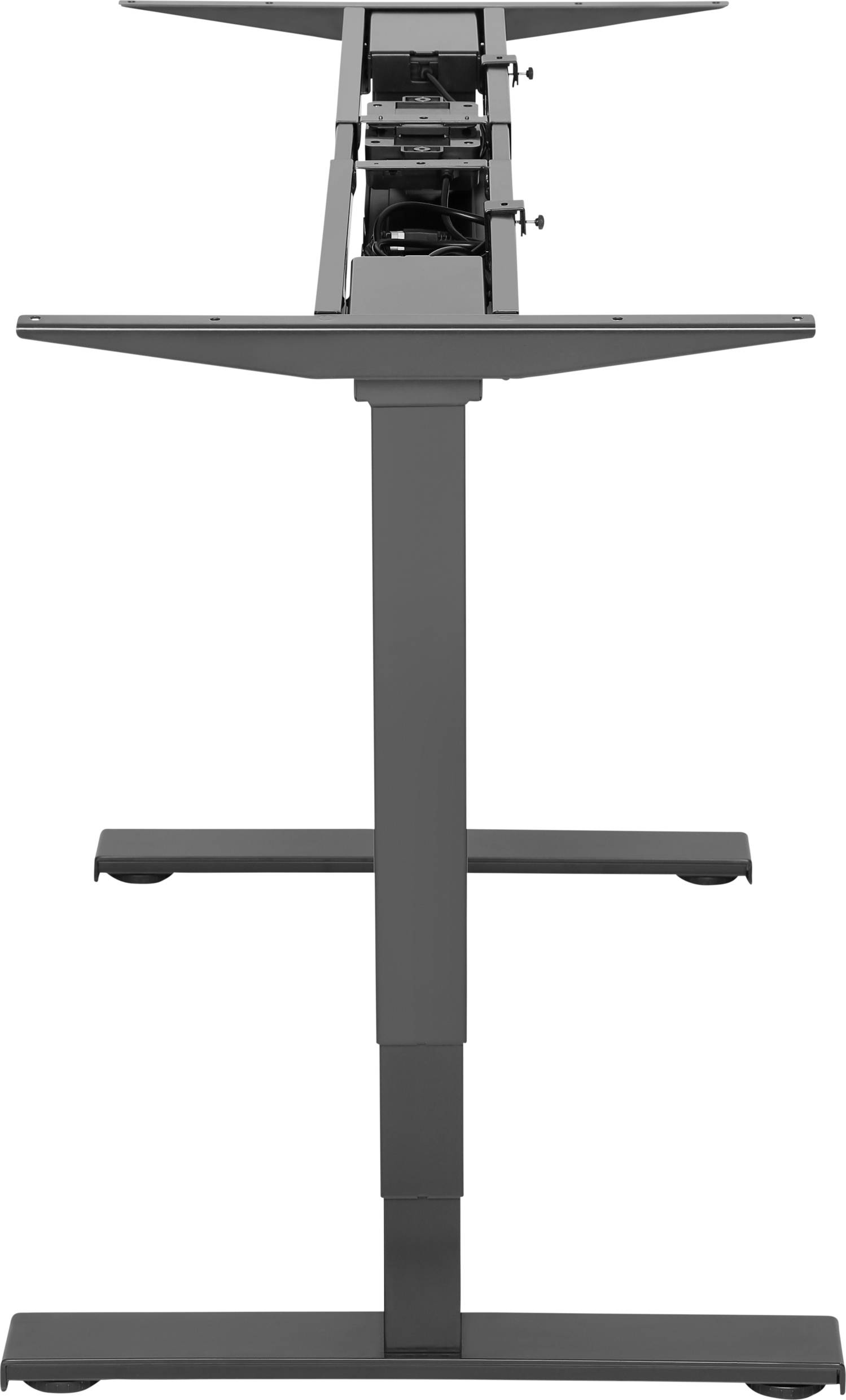 Metallrahmen für einen höhenverstellbaren Schreibtisch, seitliche Ansicht. Zeigt Mechanismus und strukturelle Unterstützung.