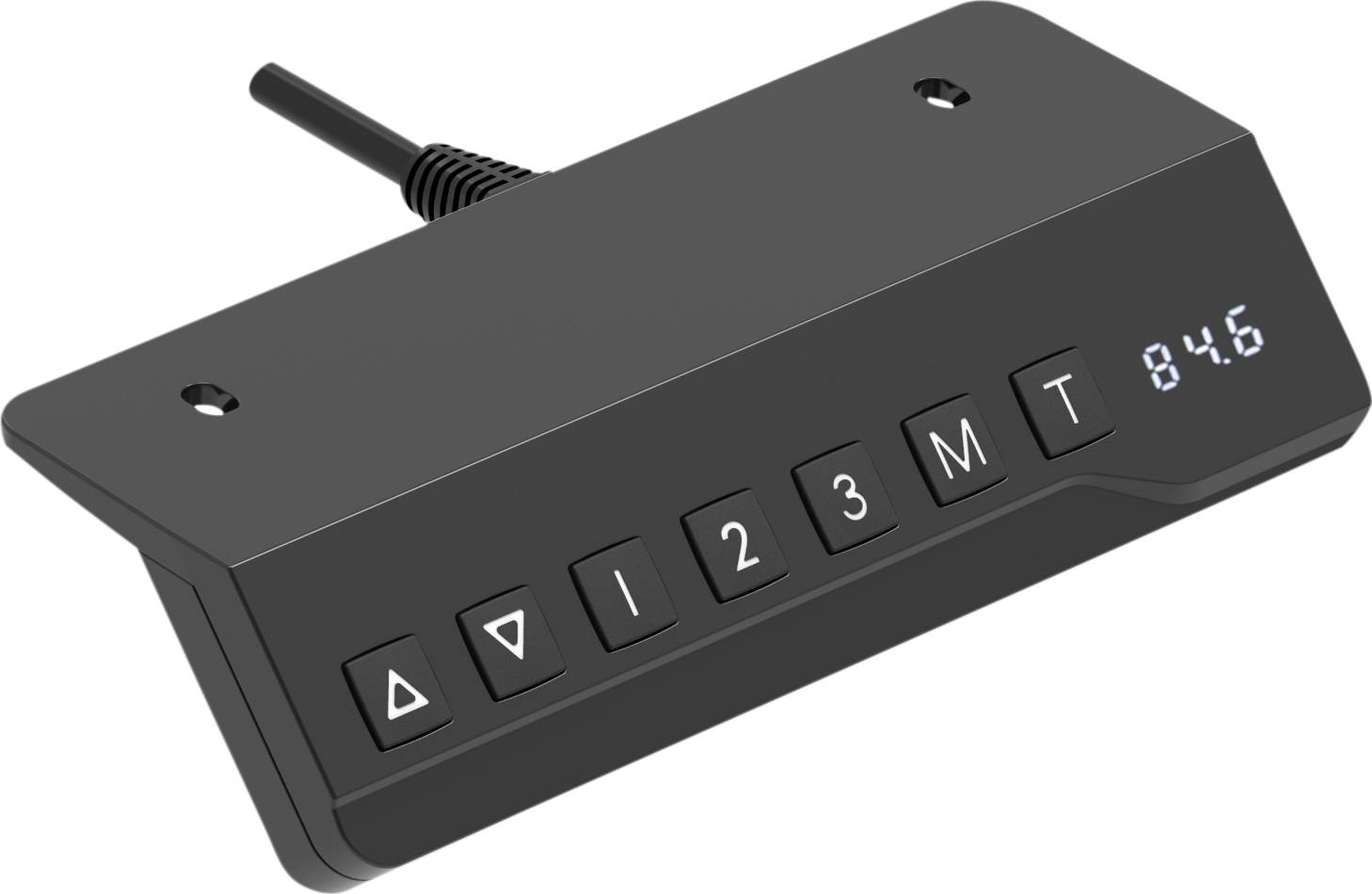 Schwarzer digitaler Bedienstock mit Display zeigt Zahlen an. Enthält Tasten mit Pfeilsymbolen, Zahlen 1-3 und Tastenbeschriftung 'M' und 'T'.