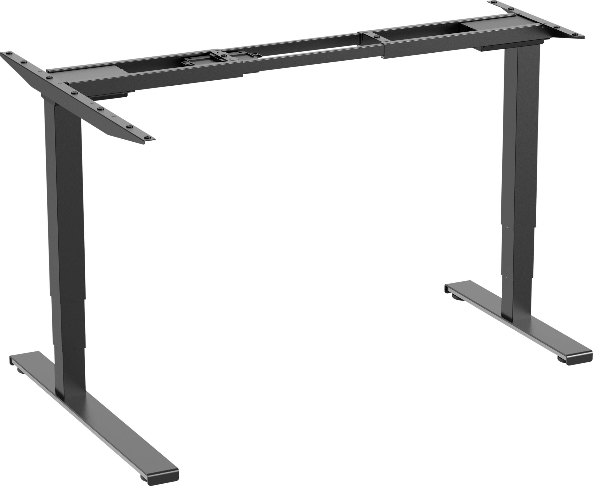 Höhenverstellbares Tischgestell ohne Tischplatte, schwarzes Metall, geeignet zur Anpassung der Tischhöhe für ergonomisches Arbeiten.