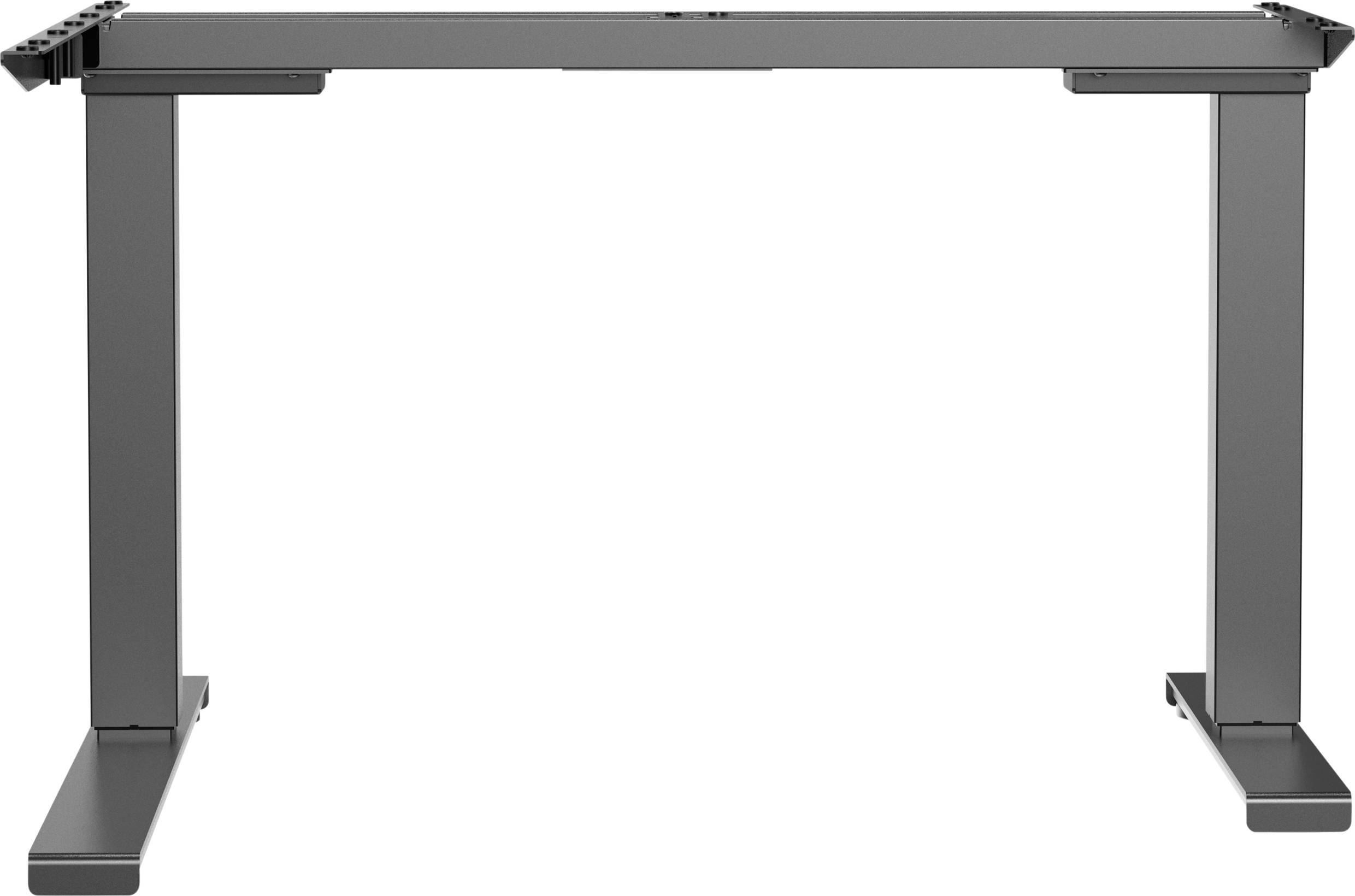 Ein höhenverstellbares Schreibtischgestell, rechteckig, aus Metall, ohne Tischplatte, geeignet für ergonomisches Arbeiten.