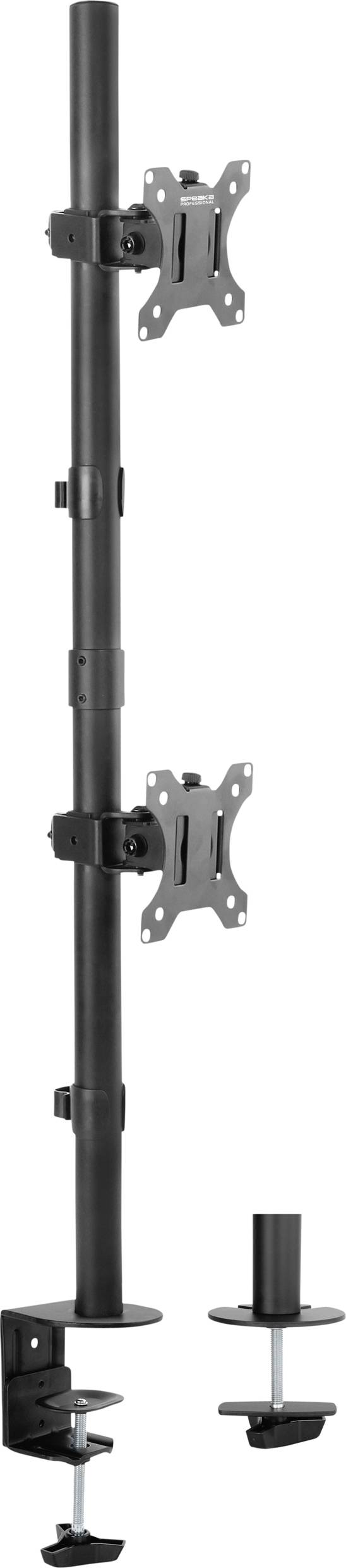 Zwei vertikale Monitorhalterungen aus schwarzem Metall, mit Schrauben zur Befestigung an der Tischkante.