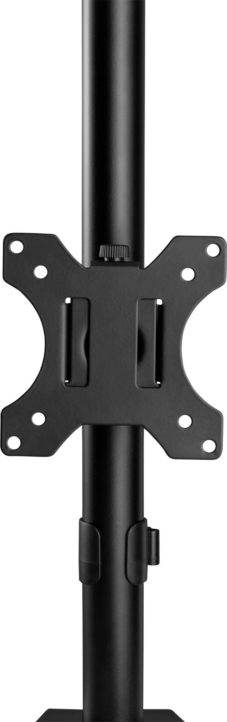 Schwarze, vertikale Monitorhalterung mit VESA-Halterung. Geeignet für die sichere Befestigung von Monitoren an einem Tisch oder einer Wand.