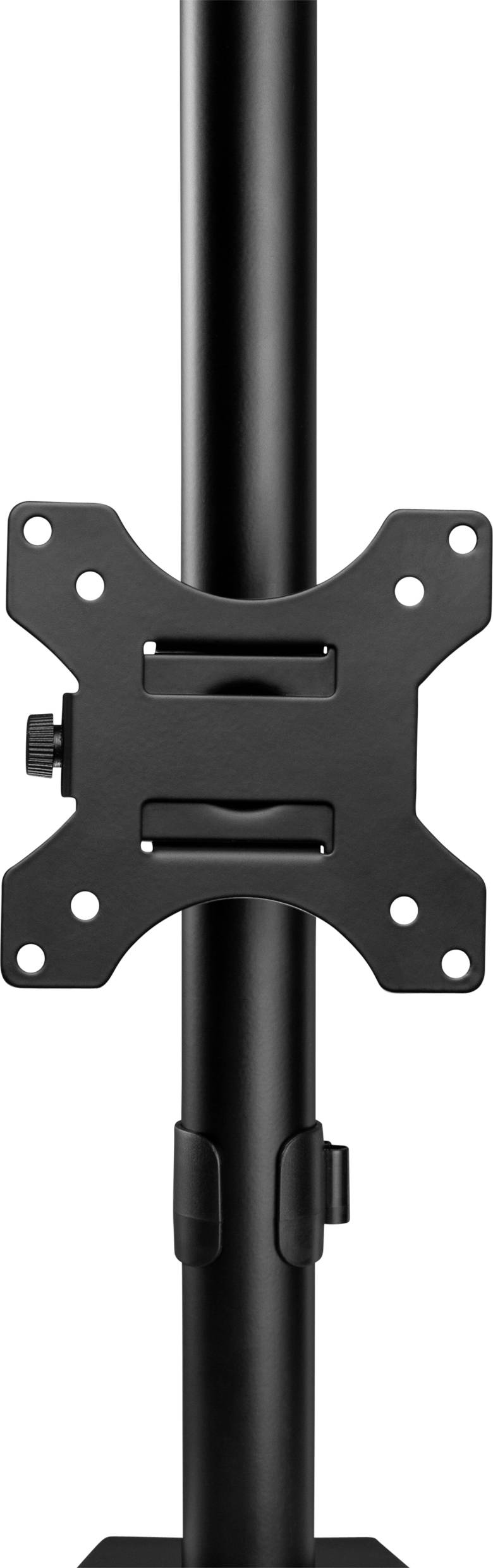 Schwarze Monitorhalterung aus Metall, vertikal ausgerichtet, geeignet für VESA-Befestigung.