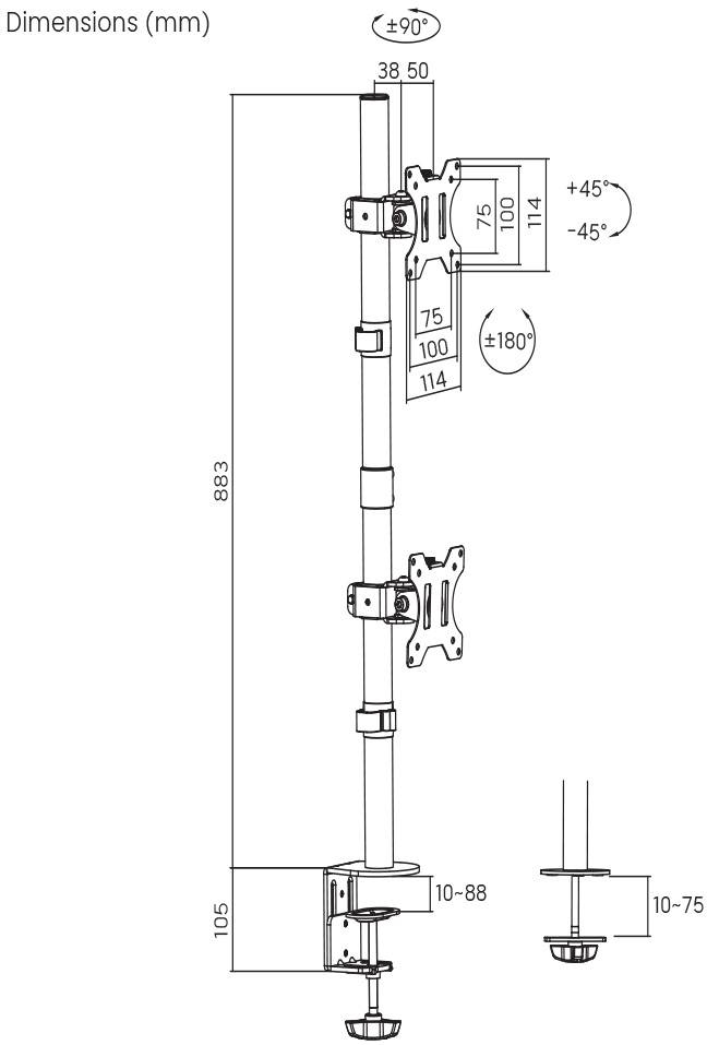 Technische Zeichnung eines Monitorarms mit Abmessungen: Höhe 883 mm, neigbar ±45°, schwenkbar ±180°, VESA-Kompatibilität 75x75, 100x100 mm.