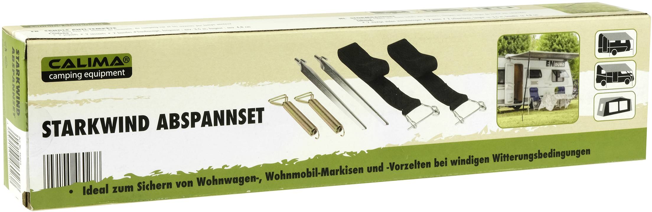 'Starkwind Abspannset' Verpackung mit Bild von Wohnmobil, Spannseilen und Haken. Text: 'Ideal zum Sichern bei windigen Bedingungen'.