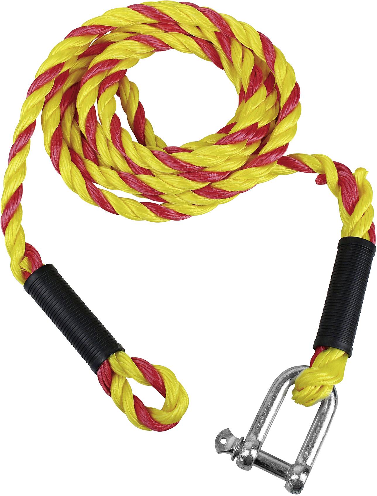 Ein gelbes und rotes geflochtenes Seil mit Haken, ideal für Abschleppzwecke.