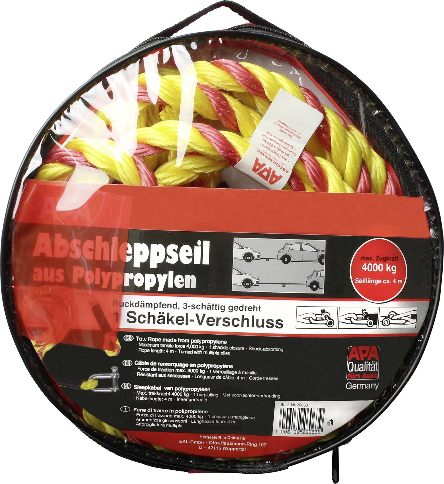 APA 26063 Abschleppseil ATV, Baumaschinen, Bus, Landwirtschaft, Lkw, Motorrad, Pkw, Quad, Stapler, SUV, Van, Wohnmobile, bis