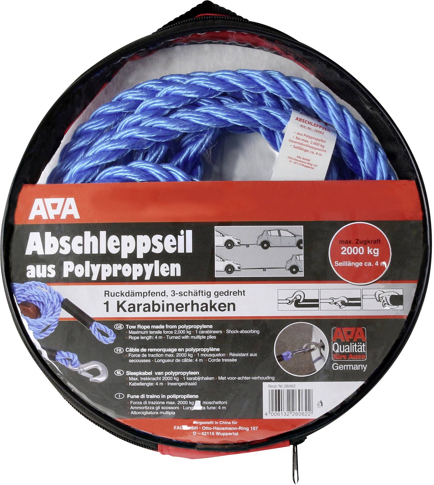 APA 26062 Abschleppseil ATV, Baumaschinen, Bus, Landwirtschaft, Lkw, Motorrad, Pkw, Quad, Stapler, Wohnmobile, SUV, Van, bis