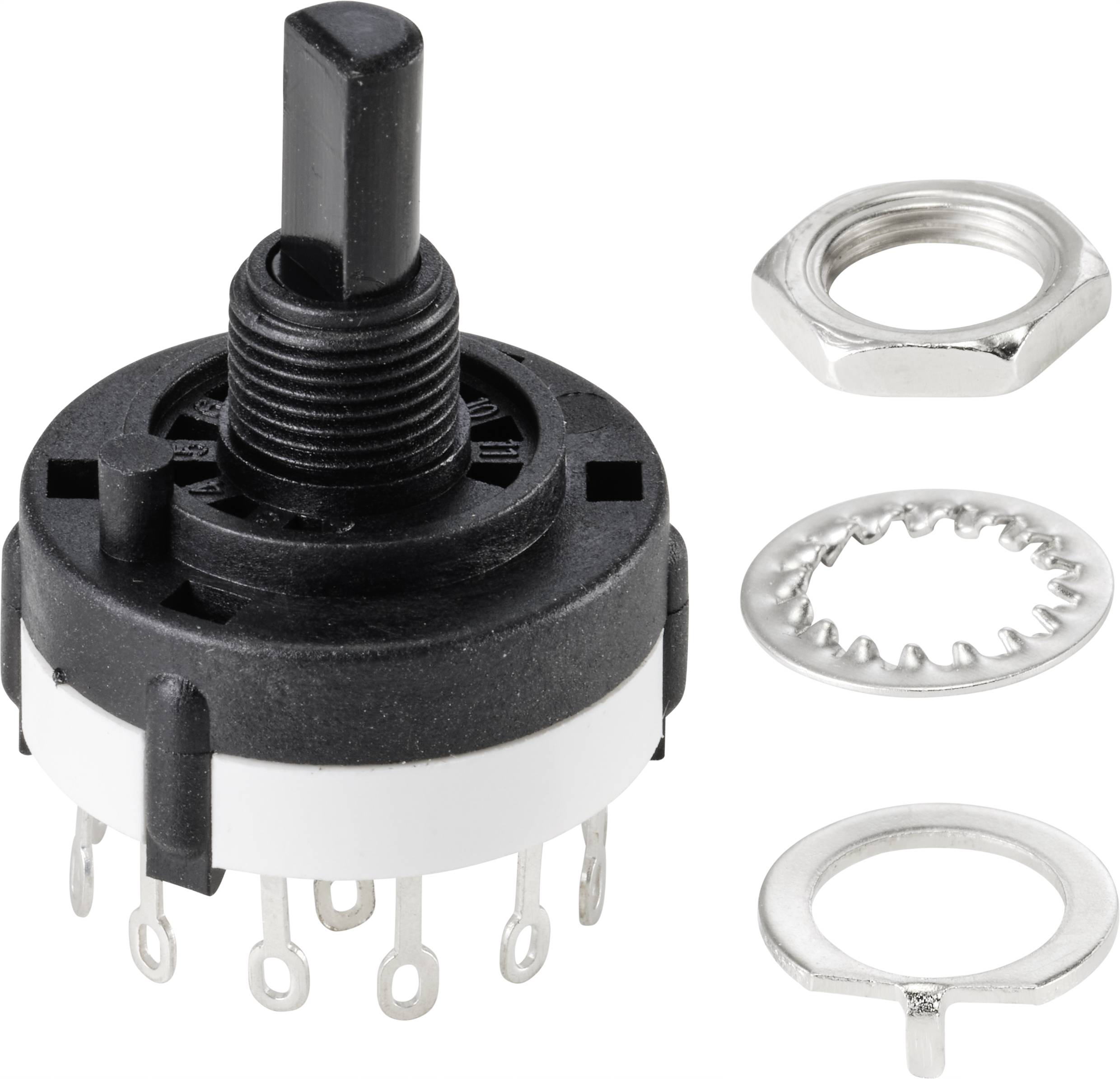 Drehschalter mit neun Anschlüssen, umgeben von drei Metallringen und einer Sechskantmutter. Geeignet für elektronische Anwendungen.