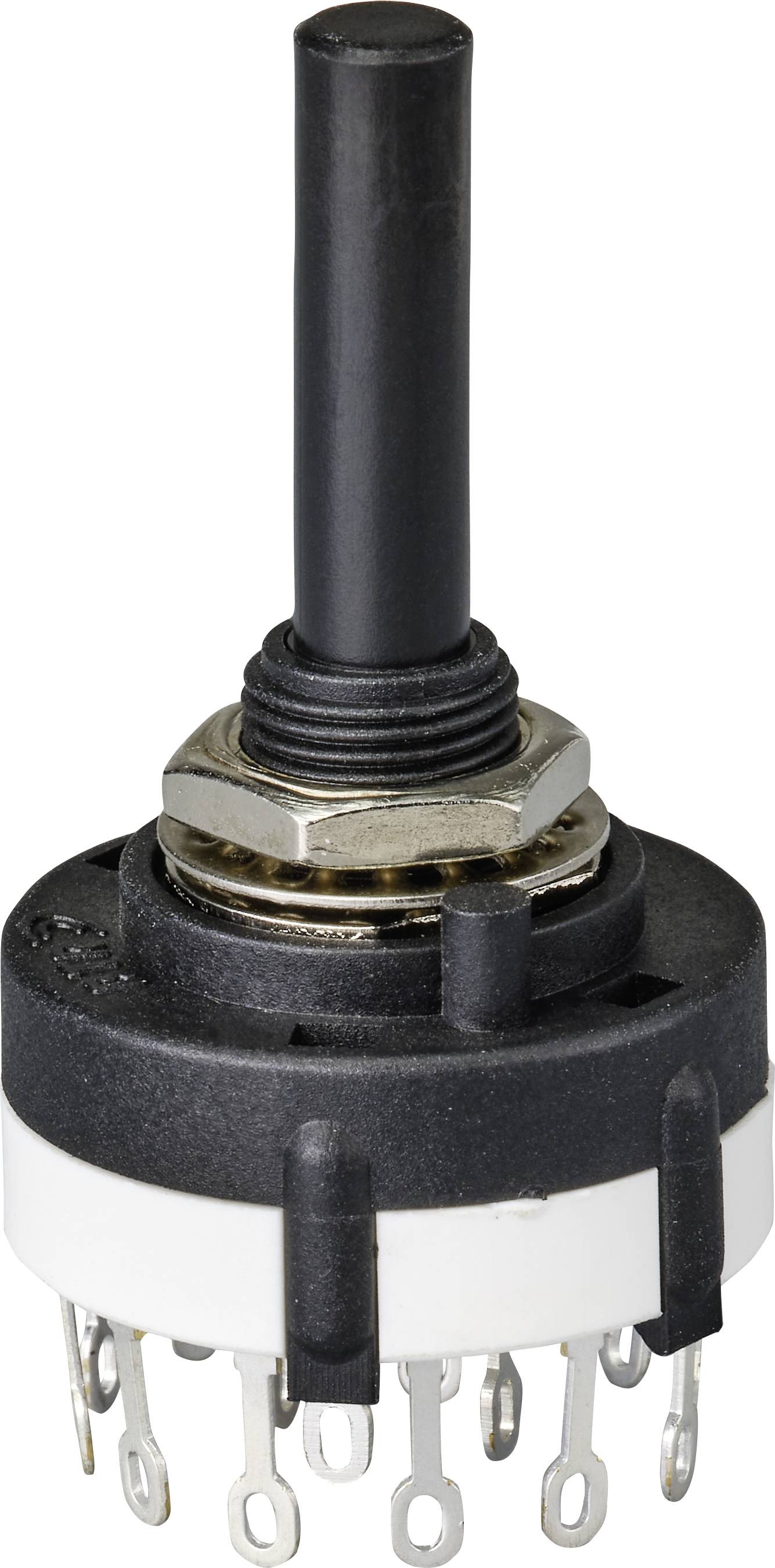Drehschalter mit zehn Kontaktstiften, schwarzem Schaft und Metallmutter. Verwendung in elektronischen Anwendungen zur Kanal- oder Modusauswahl.