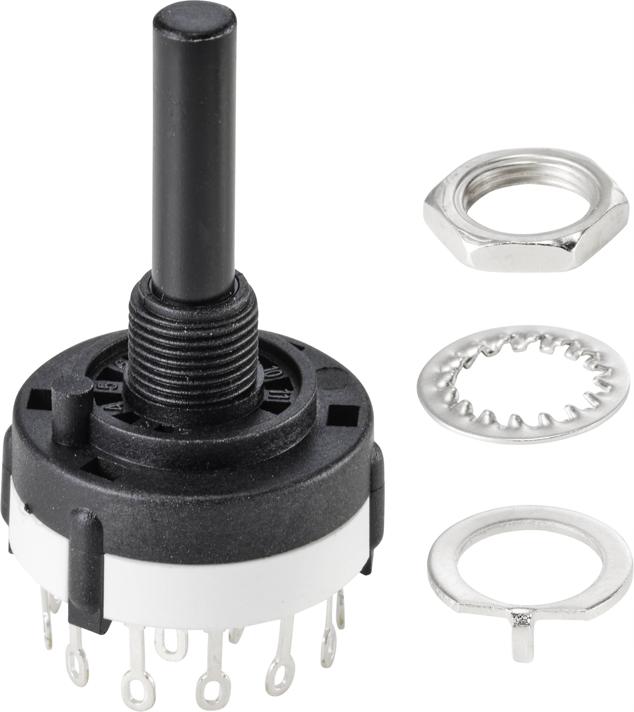 Drehbarer Drehschalter mit schwarzem Griff, neben Befestigungsmutter, Unterlegscheibe und Zahnscheibe. Elektronisches Bauteil für Geräte.