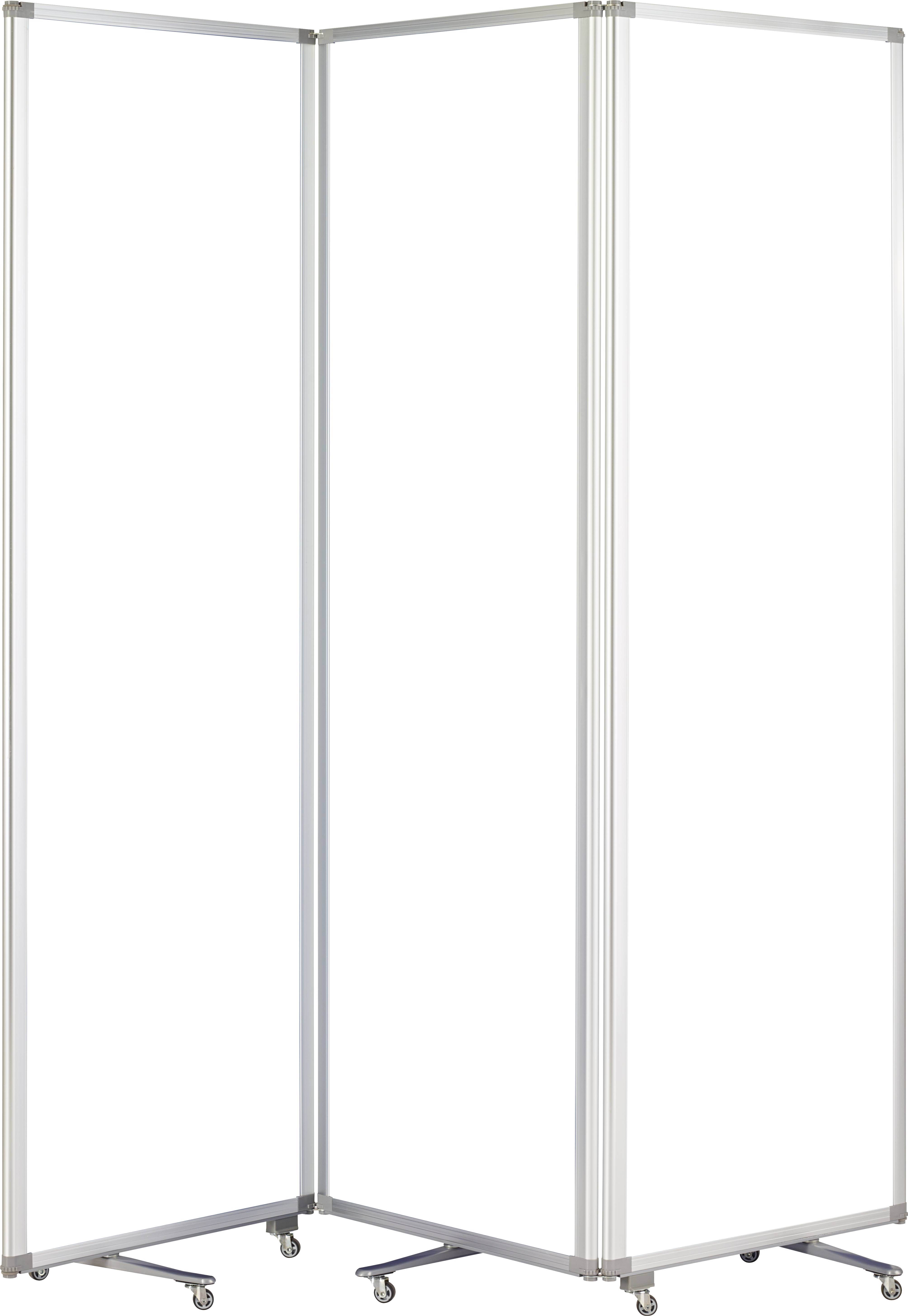 Mobiler, dreiteiliger Raumteiler auf Rädern mit silbernem Rahmen. Ideal zur flexiblen Raumtrennung in Büros oder Konferenzräumen.