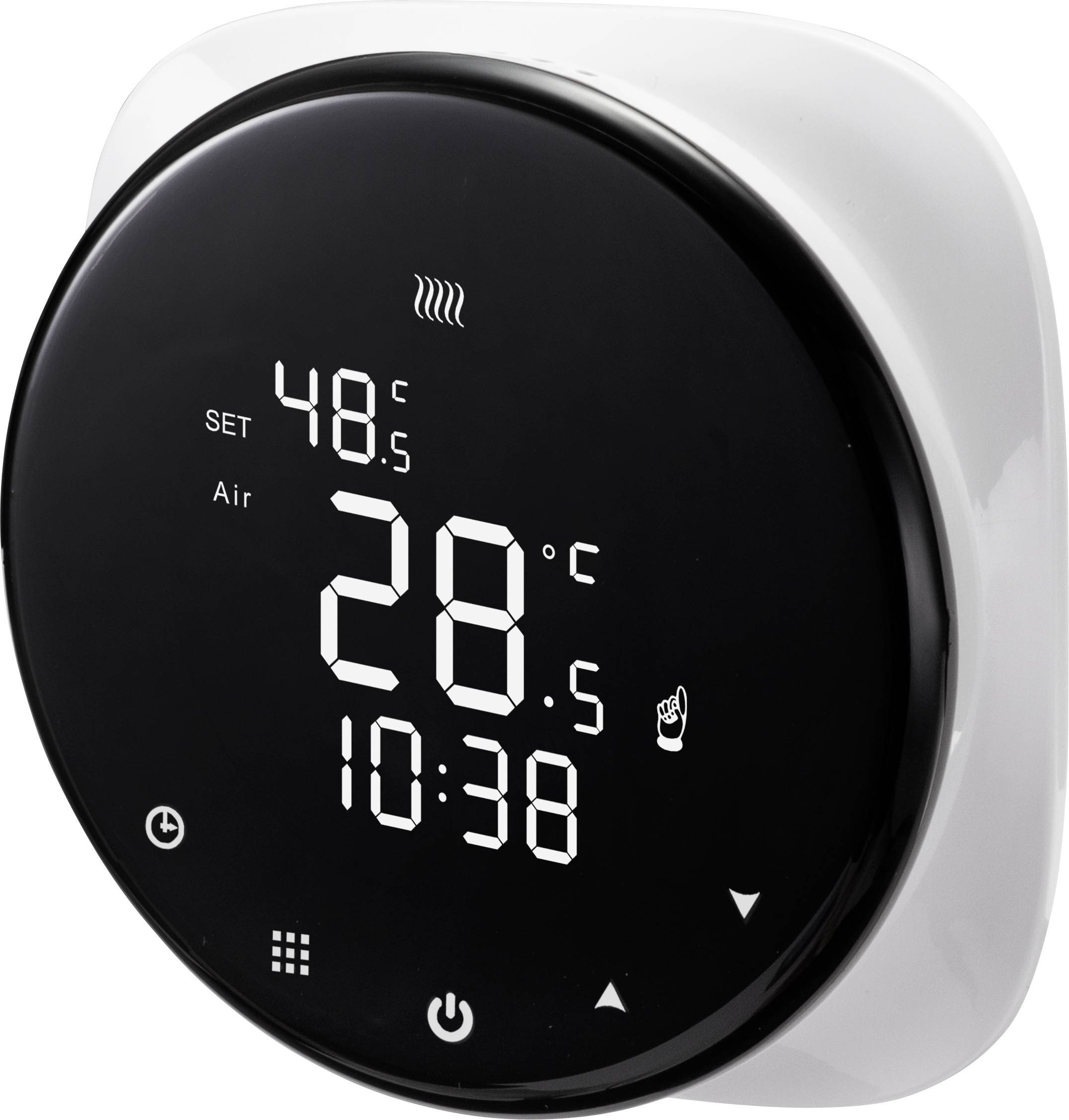 Ein modernes, rundes Thermostat zeigt die Temperatur von 28°C an. Es hat ein digitales Display mit Symbolen für Heizung und Uhrzeit 10:38.