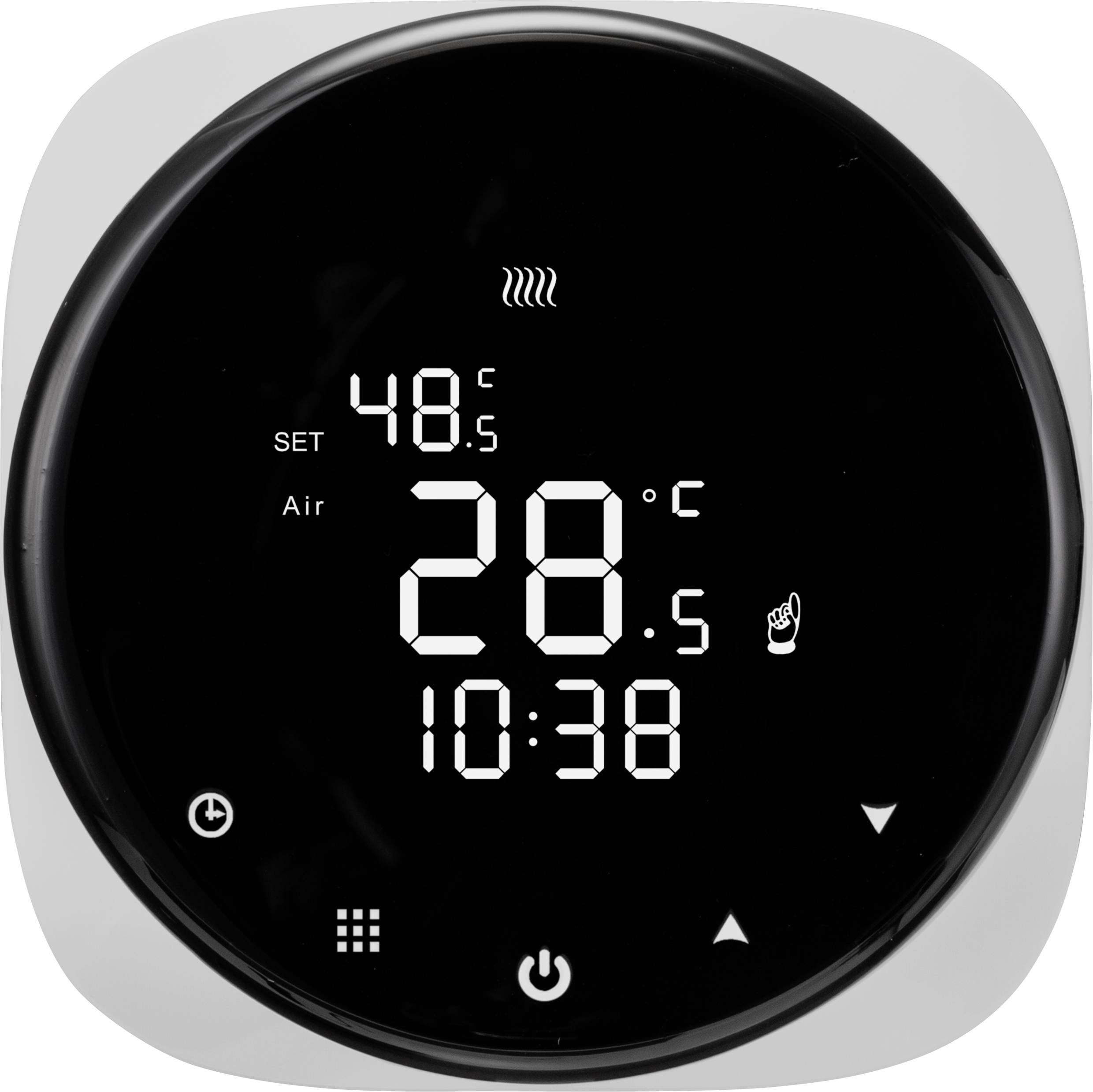 Ein digitales Thermostat zeigt 48,5°C als Soll- und 28,5°C als aktuelle Raumtemperatur, zudem wird die Uhrzeit 10:38 angezeigt.