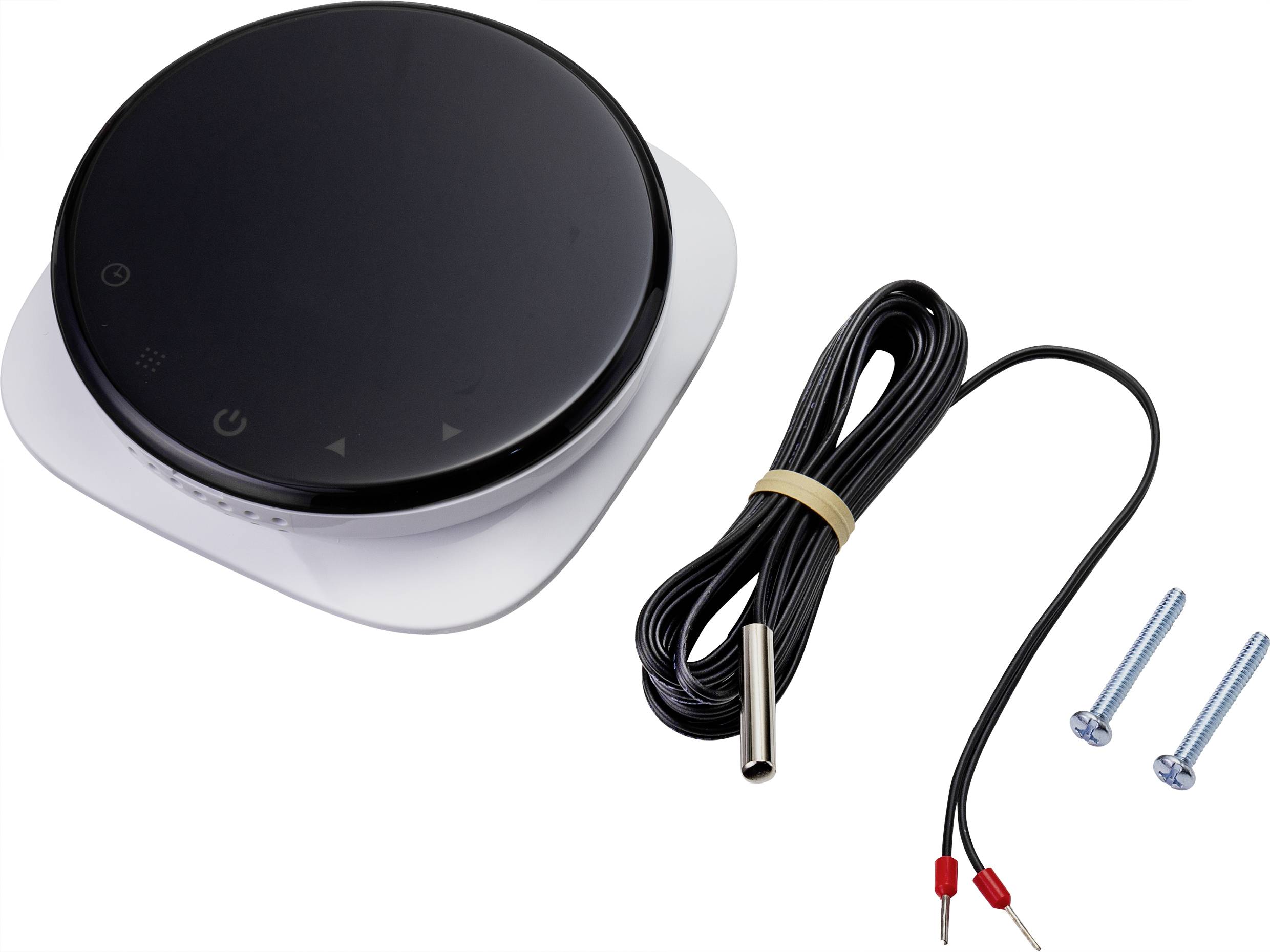 Ein rundes digitales Thermostat mit Kabelsensor und zwei Schrauben, geeignet zur Temperaturregelung in Haushaltsgeräten.