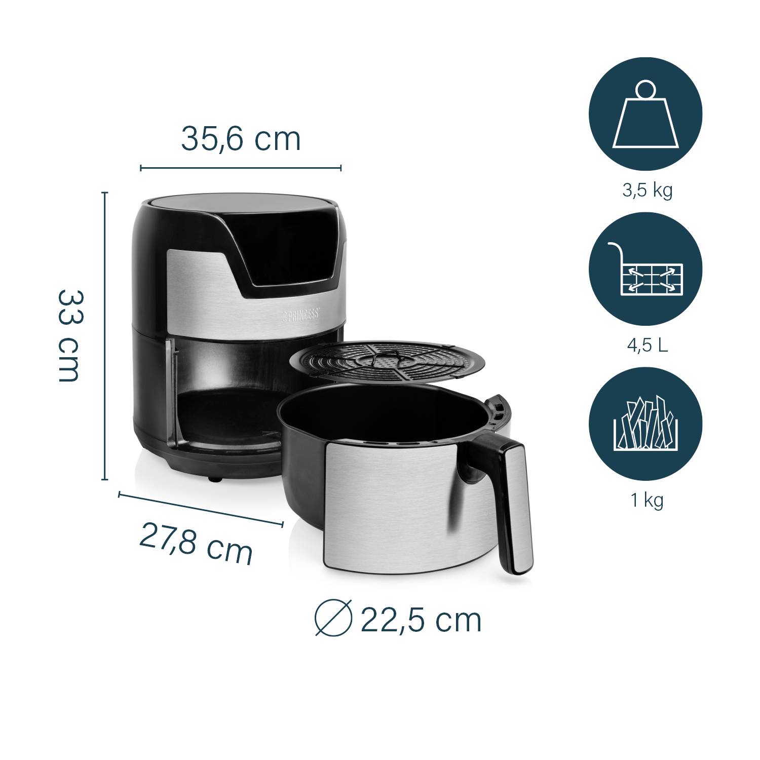 Princess 01.182026.01.001 Heißluft-Fritteuse 4.5l 1500W Überhitzungsschutz, Timerfunktion, mit Display Schwarz/Silber