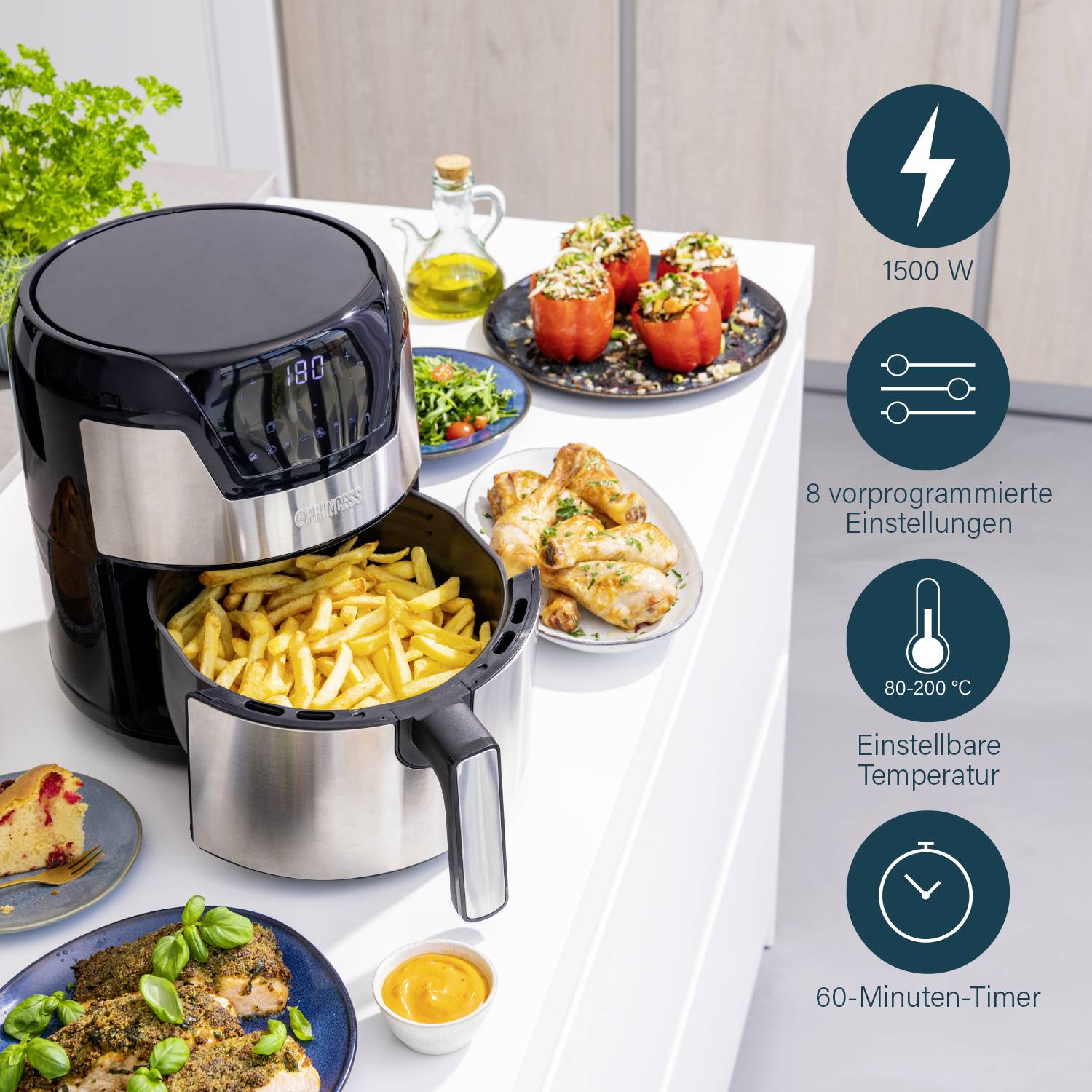 Princess 01.182026.01.001 Heißluft-Fritteuse 4.5l 1500W Überhitzungsschutz, Timerfunktion, mit Display Schwarz/Silber