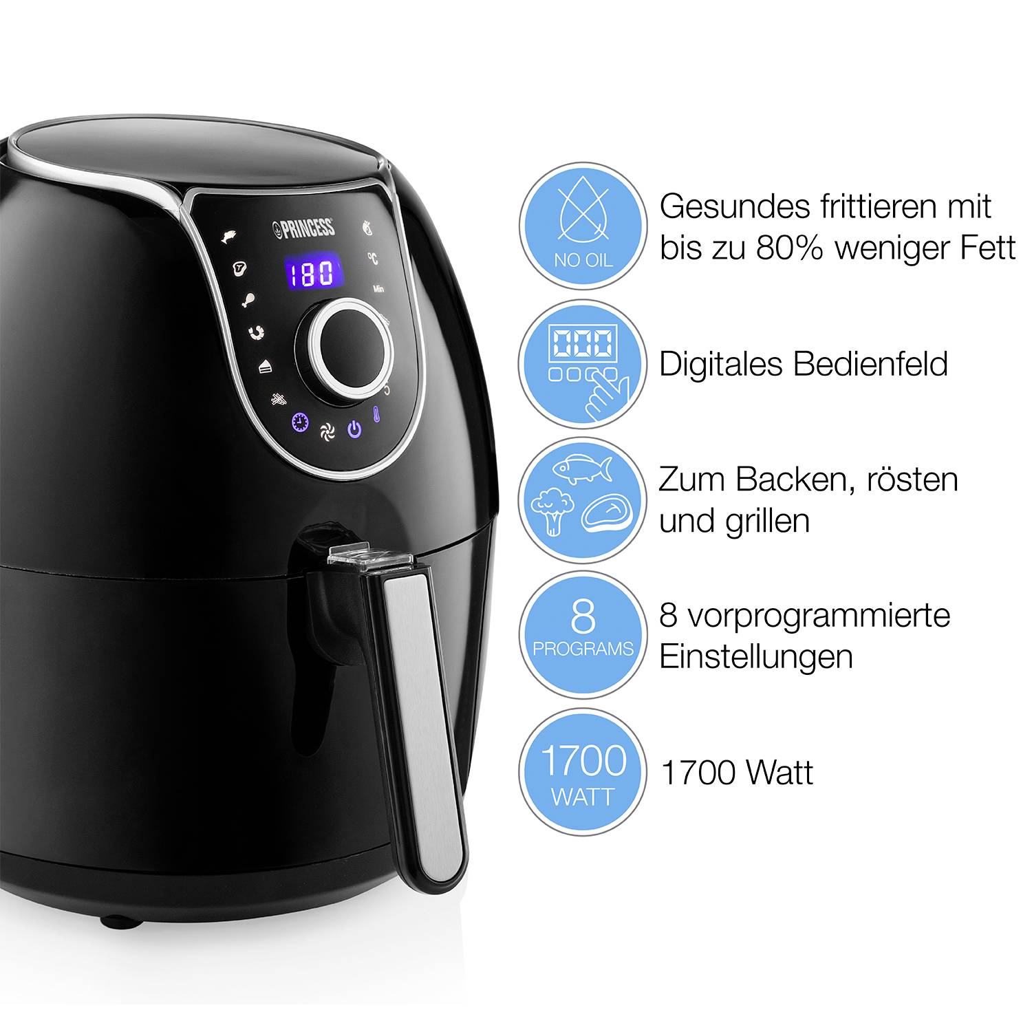 Princess 01.182055.01.001 Heißluft-Fritteuse 5.2 l 1700 W Antihaftbeschichtung, mit Display, Timerfunktion Schwarz