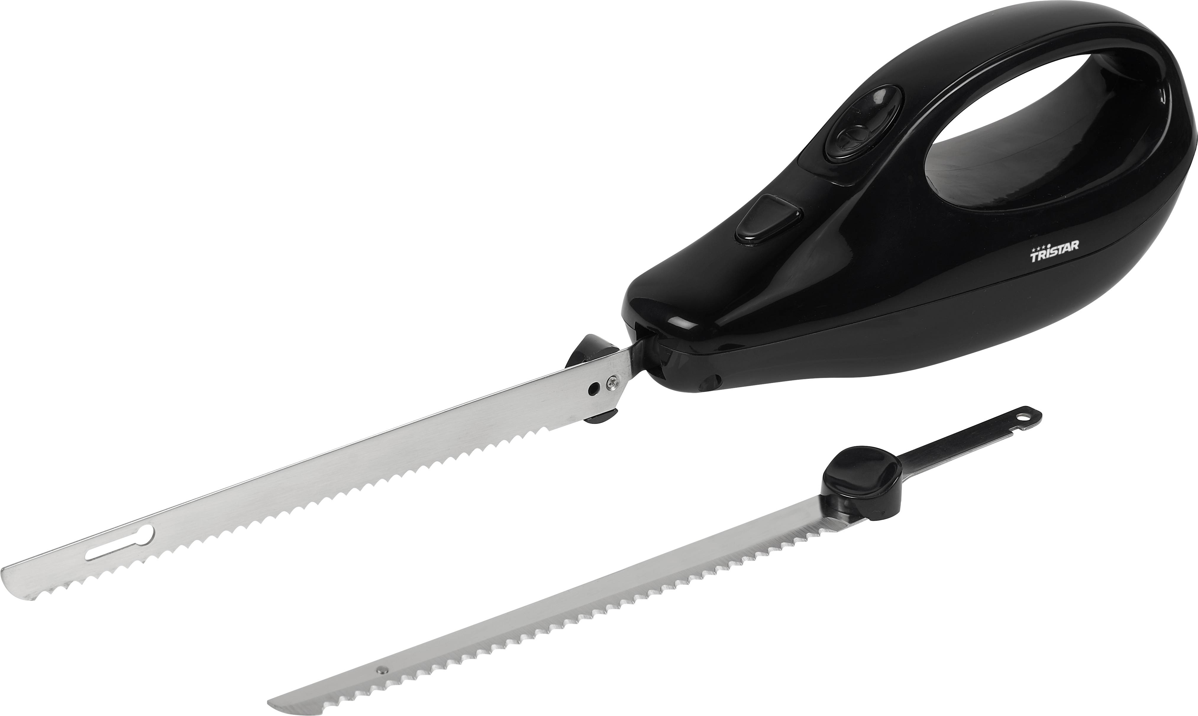 Elektrisches Messer mit schwarzem Griff und zwei langen, gezackten Klingen. Eines der Klingenpaare ist abgenommen und liegt daneben.