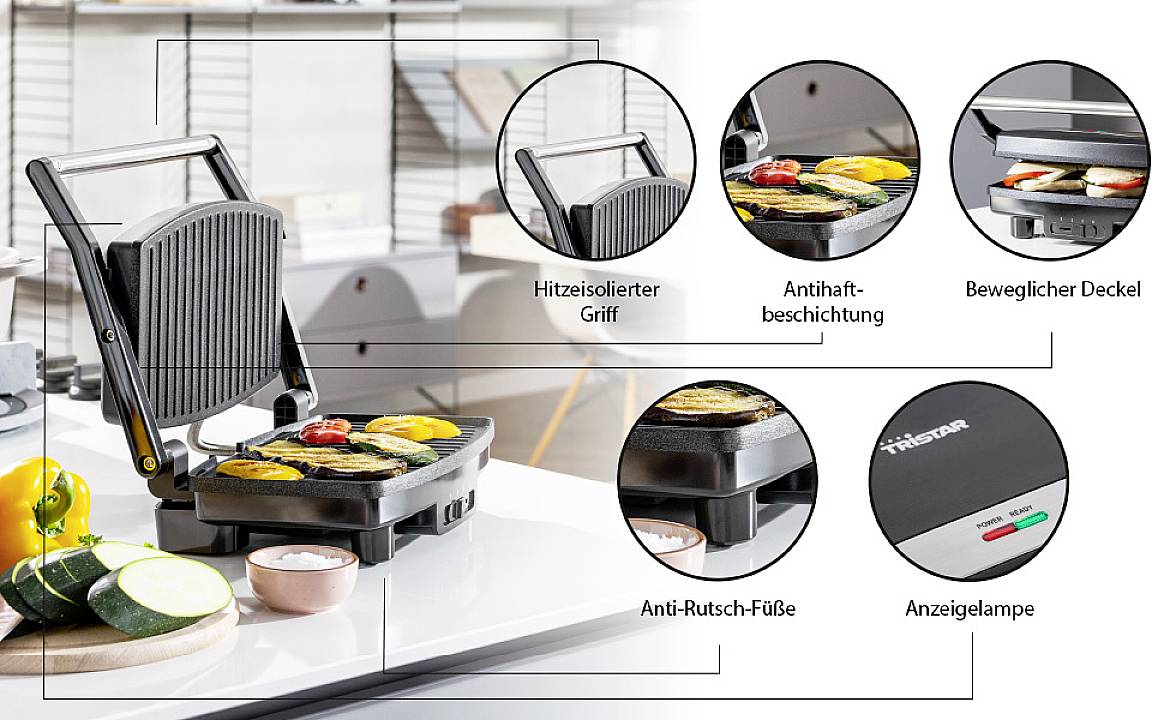 Kontaktgrill mit hitzeisoliertem Griff, Antihaftbeschichtung und beweglichem Deckel. Mit Anti-Rutsch-Füßen und Anzeigelampe.