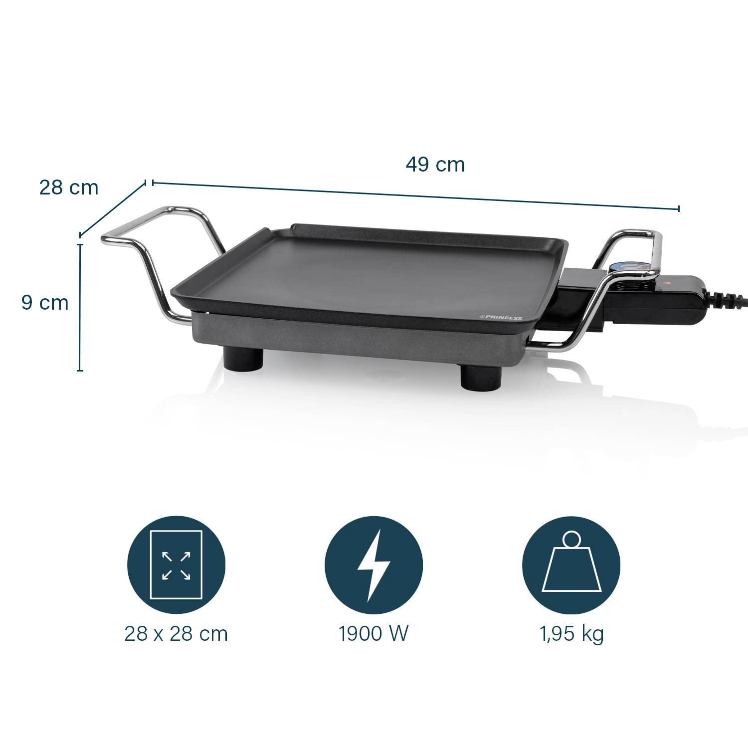 Elektrische Grillplatte mit den Maßen 28 x 28 cm, Leistung: 1900 W, Gewicht: 1,95 kg. Zeigt seitliche Ansicht mit Griffen und Netzkabel.