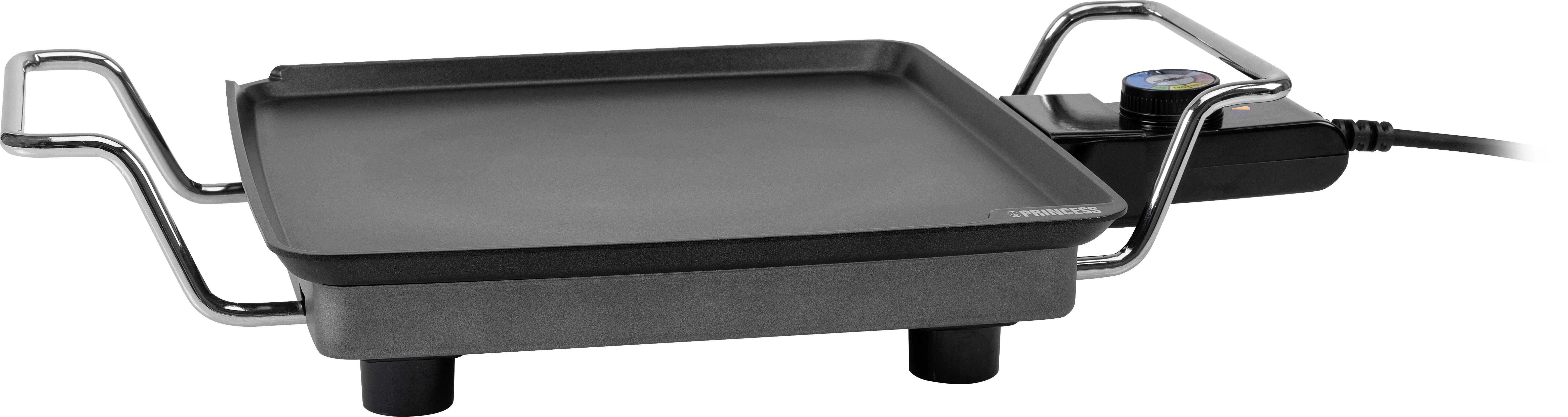 Schwarze Grillplatte mit Metallgriffen und elektrischer Heizregelung an der Seite. Perfekt zum Zubereiten von Speisen auf dem Tisch.