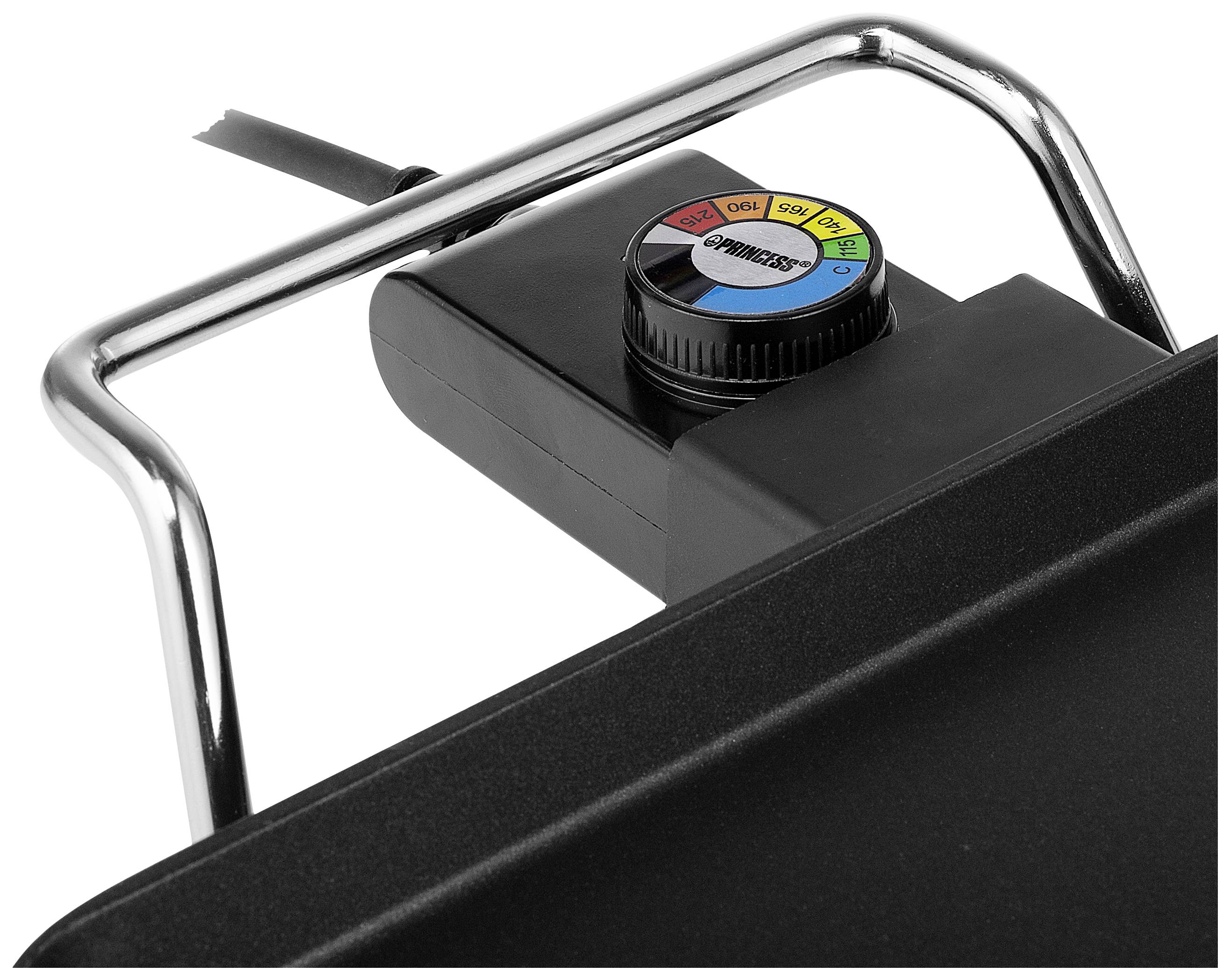 Temperaturregler eines elektrischen Tischgrills mit farbigen Markierungen für verschiedene Temperaturbereiche.