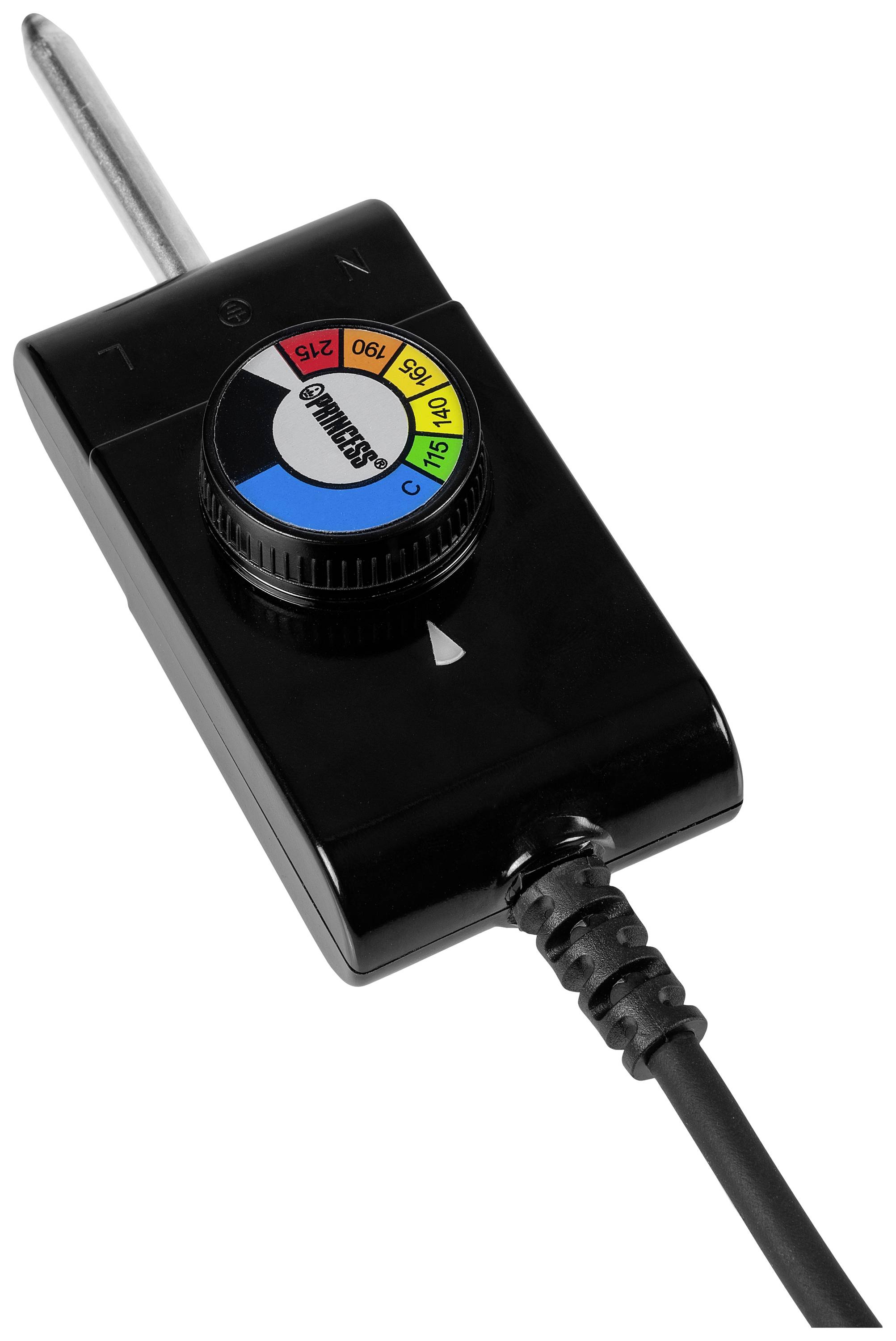 Ein schwarzer Temperaturregler mit Kabel, Drehknopf zeigt verschiedene Temperatureinstellungen in Farben und Zahlen.