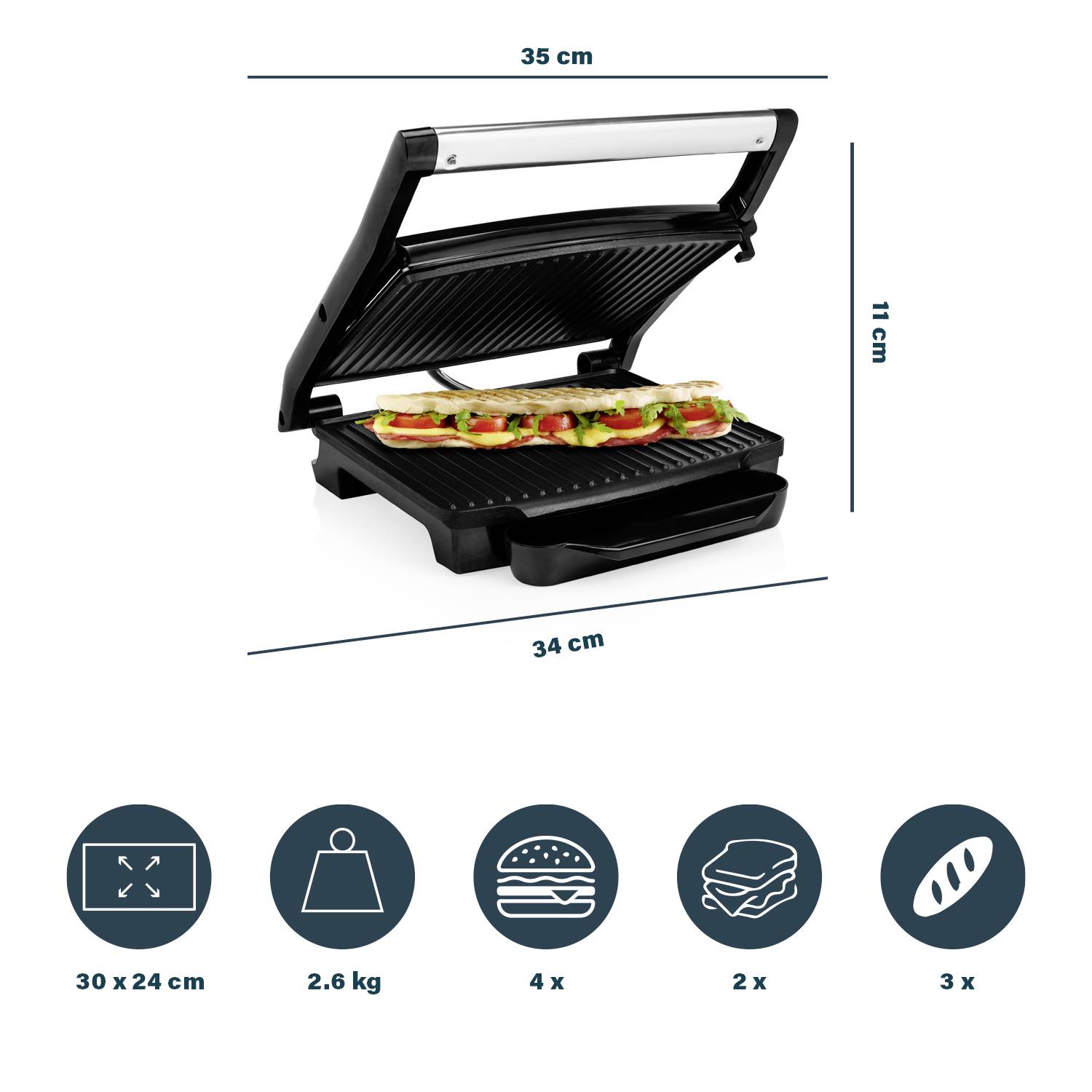 Princess 01.112425.01.001 Elektro Panini Grill Antihaftbeschichtung, Kontrollleuchte, klappbar Schwarz