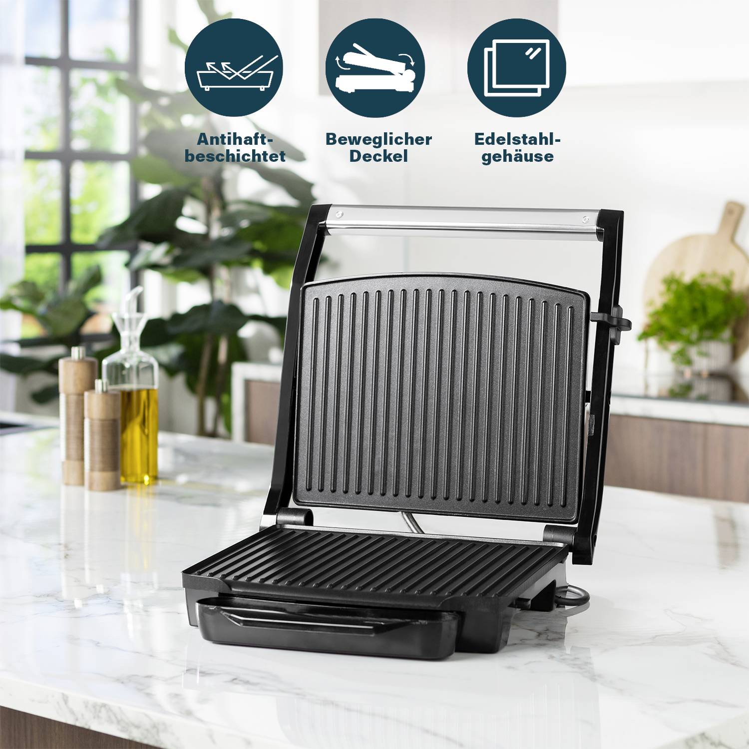 Princess 01.112425.01.001 Elektro Panini Grill Antihaftbeschichtung, Kontrollleuchte, klappbar Schwarz